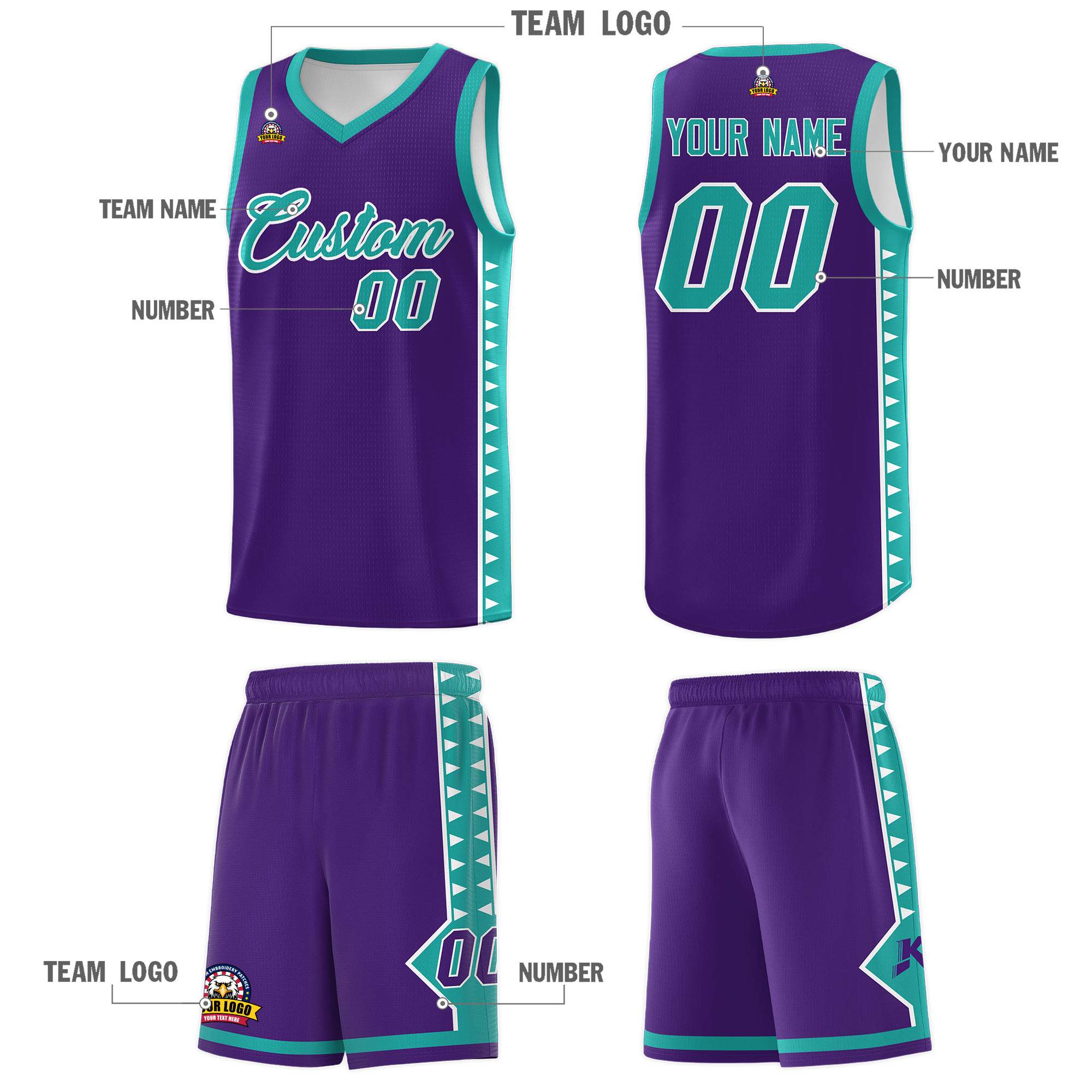 Custom Purple Aqua Basketball Kits With Side Zigzag Pattern