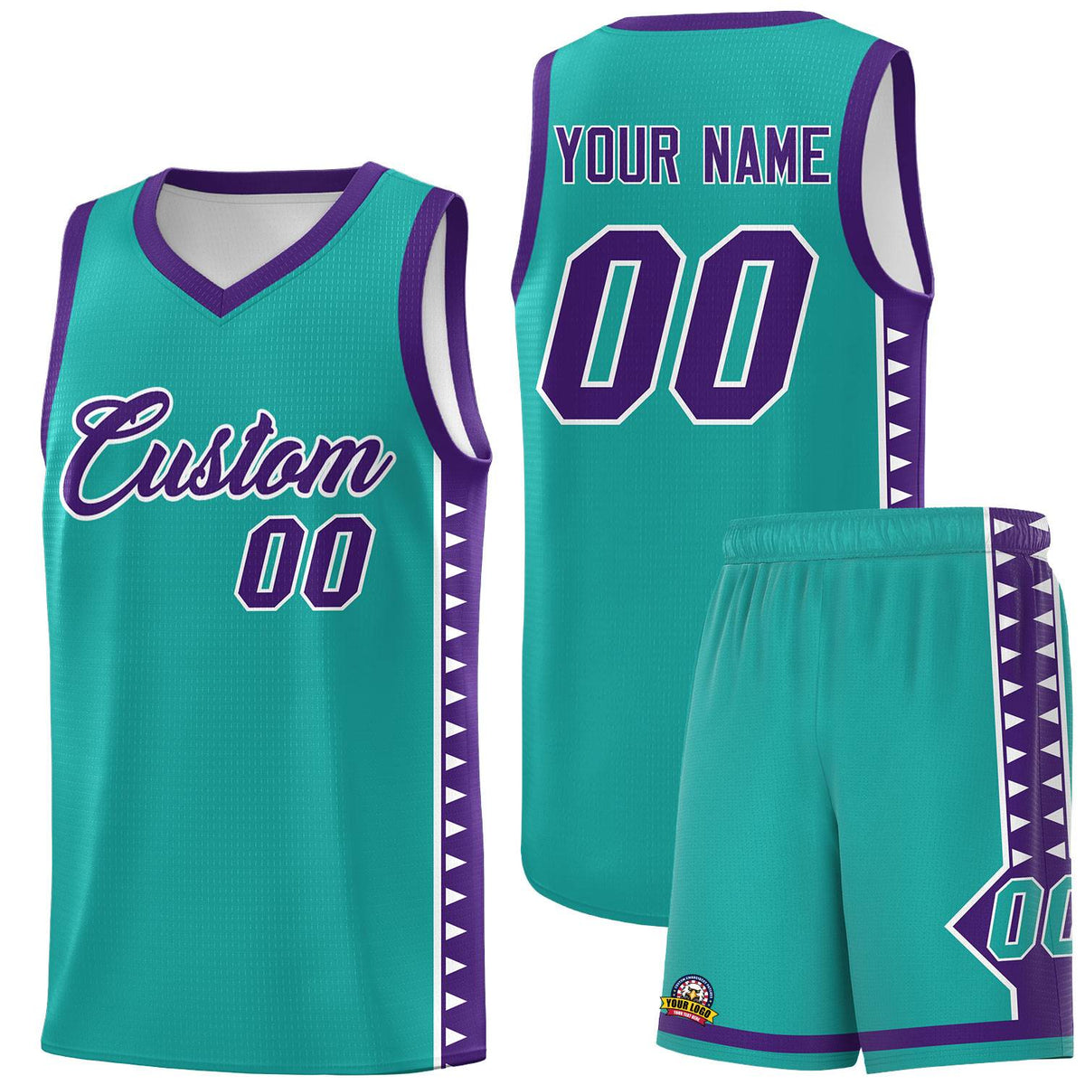Custom Aqua Purple Basketball Kits With Side Zigzag Pattern