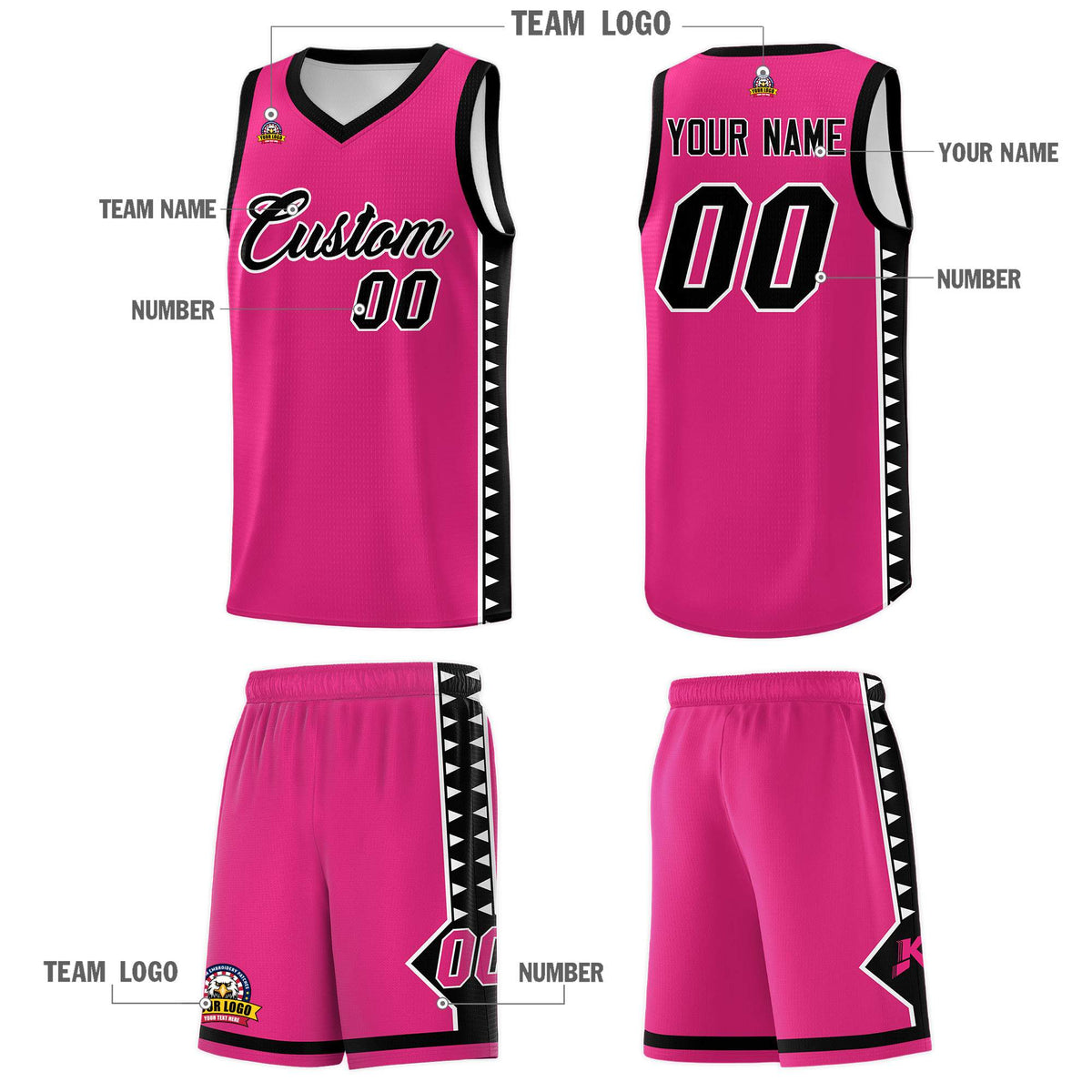 Custom Rose Red Black Basketball Kits With Side Zigzag Pattern