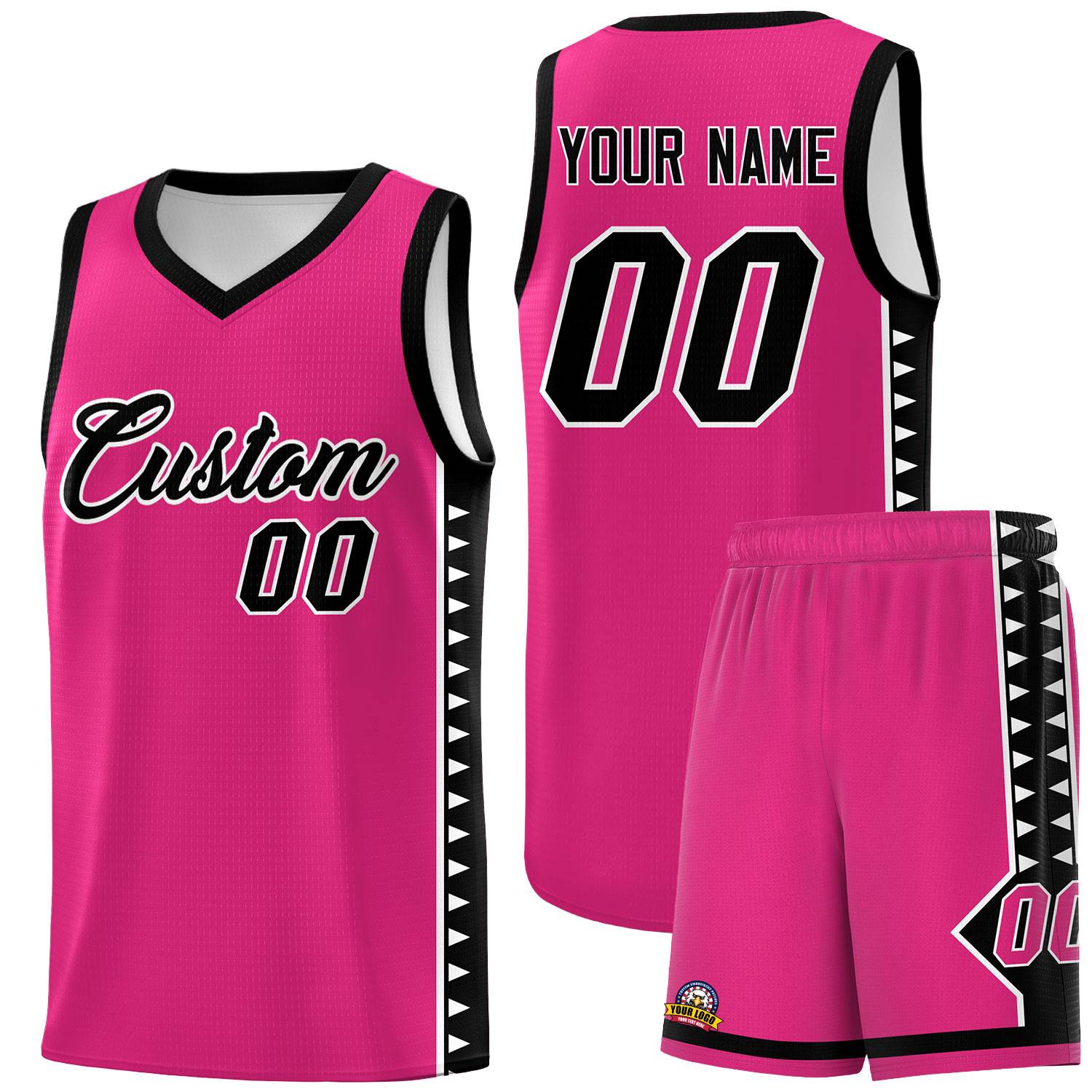 Custom Rose Red Black Basketball Kits With Side Zigzag Pattern