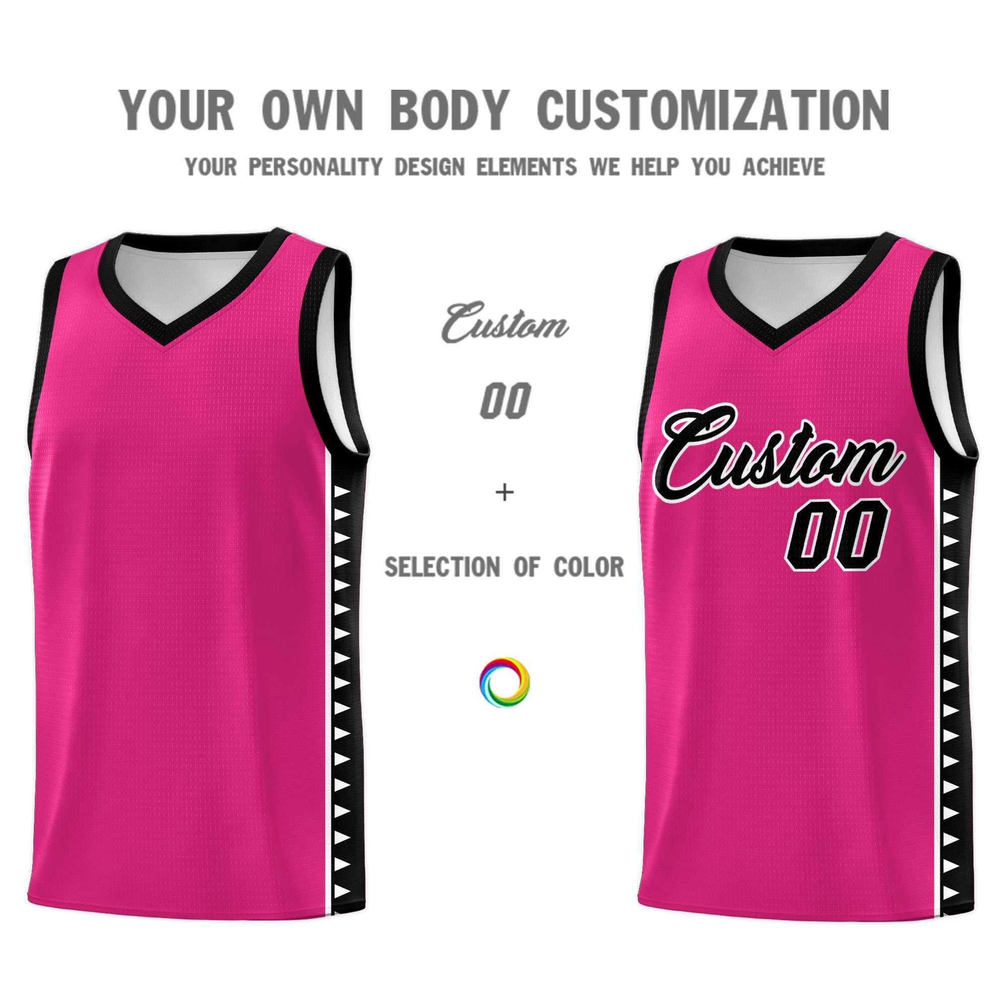 Custom Rose Red Black Basketball Kits With Side Zigzag Pattern