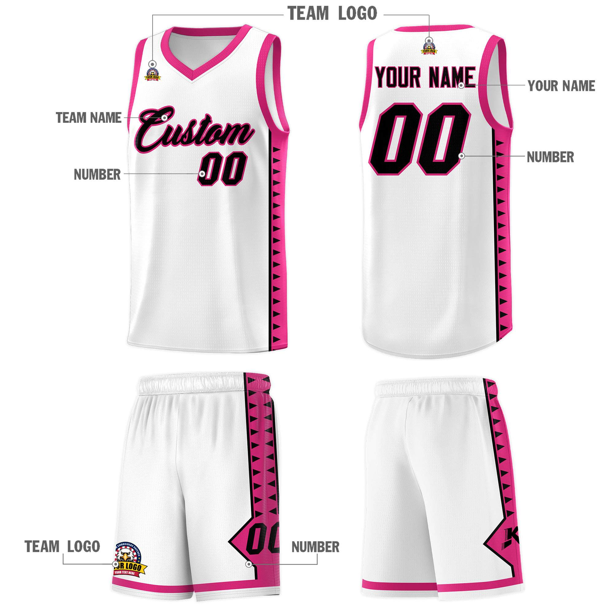 Custom White Rose Red Basketball Kits With Side Zigzag Pattern