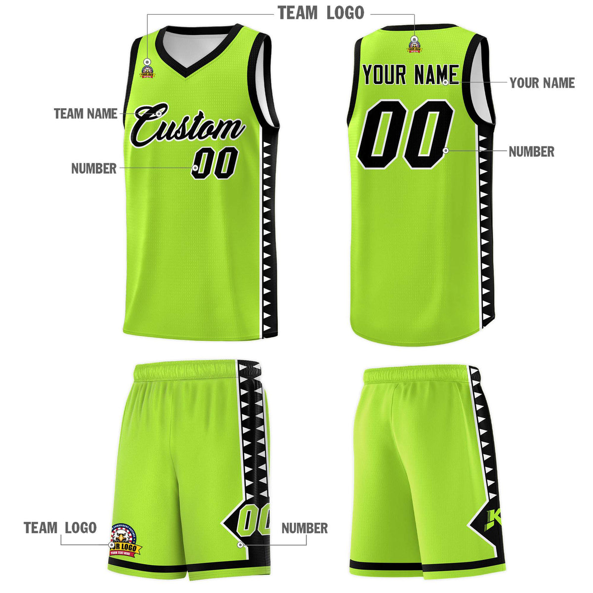 Custom Neon Green Black Basketball Kits With Side Zigzag Pattern