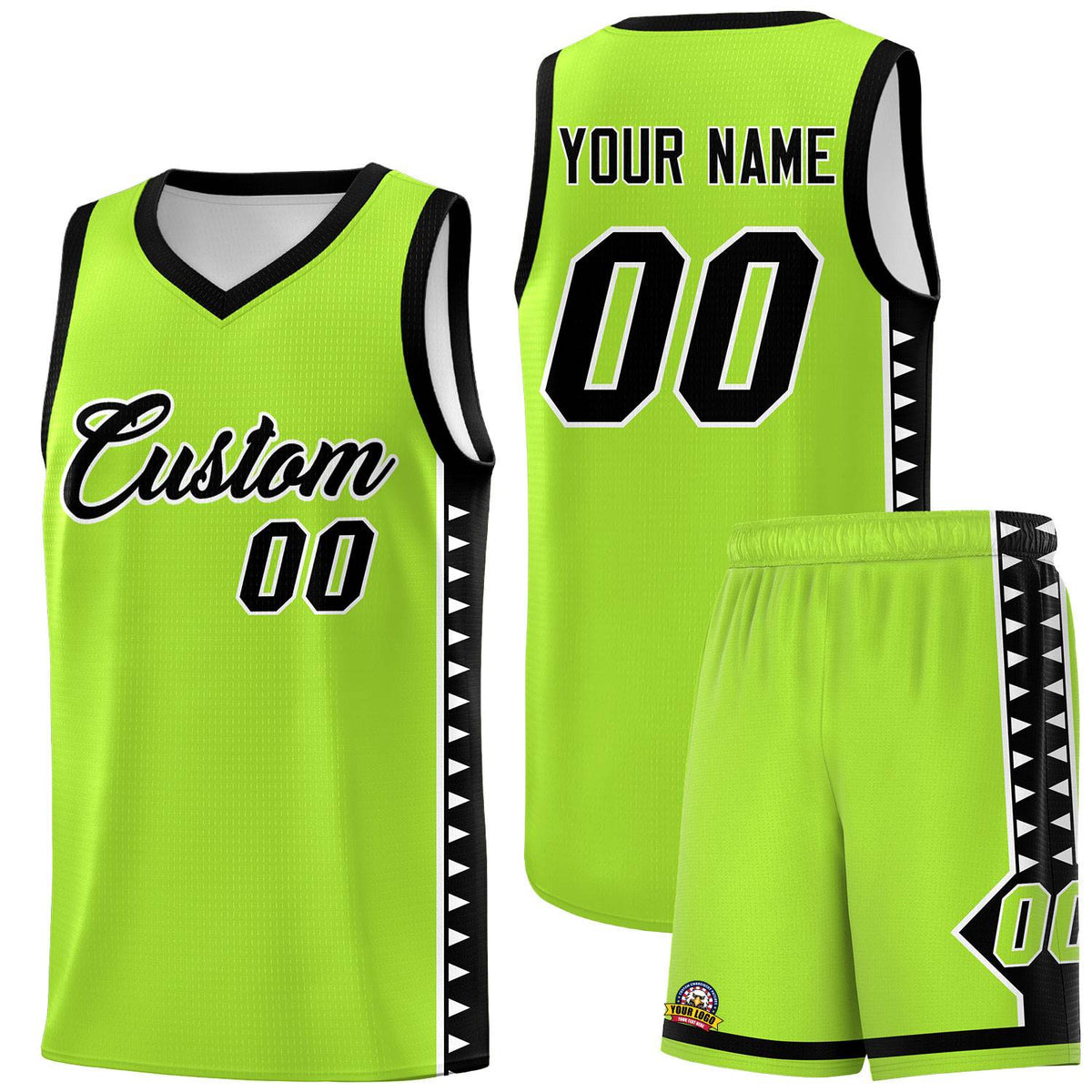 Custom Neon Green Black Basketball Kits With Side Zigzag Pattern