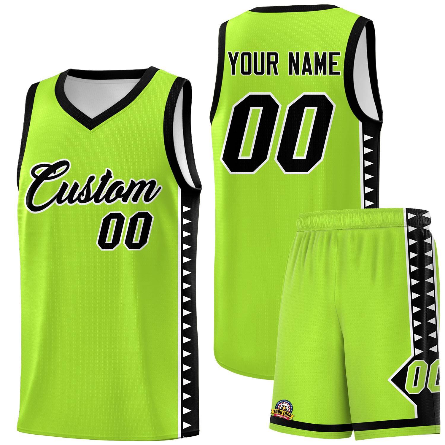 Custom Neon Green Black Basketball Kits With Side Zigzag Pattern