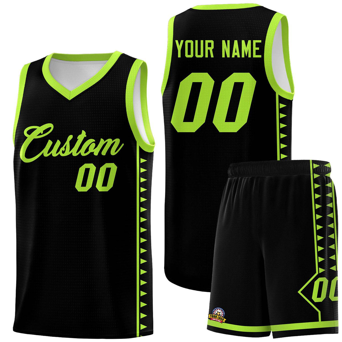 Custom Black Neon Green Basketball Kits With Side Zigzag Pattern