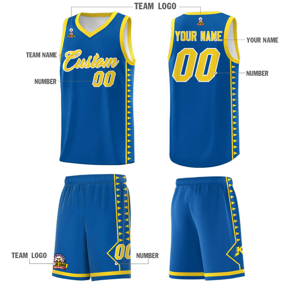 Custom Royal Gold Basketball Kits With Side Zigzag Pattern