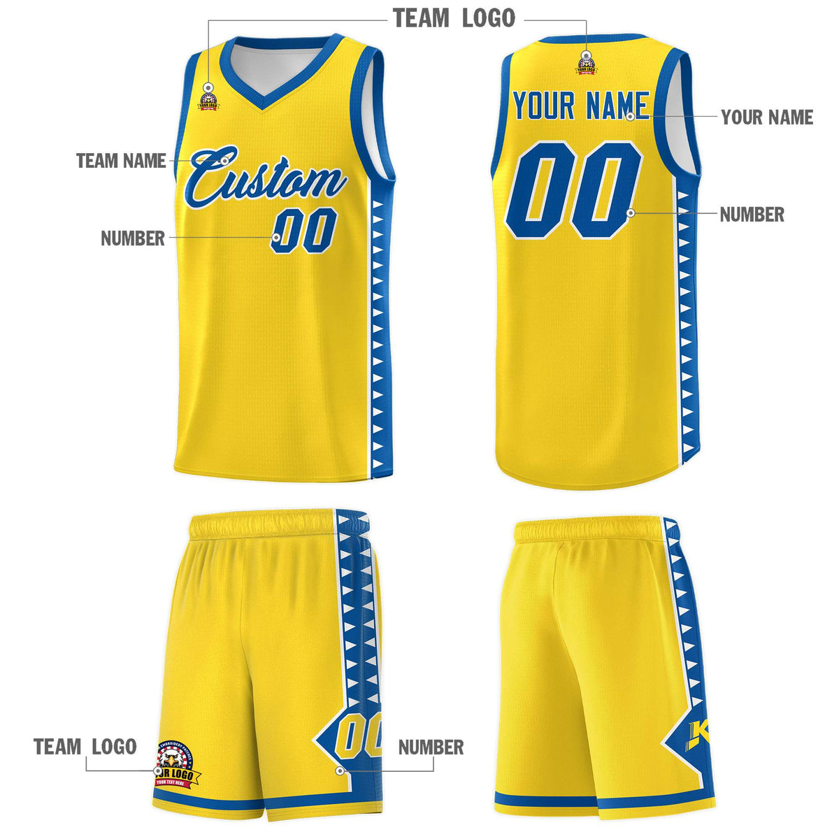 Custom Gold Royal Basketball Kits With Side Zigzag Pattern