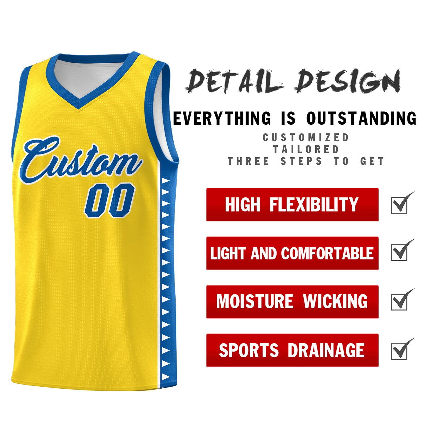 Custom Gold Royal Basketball Kits With Side Zigzag Pattern