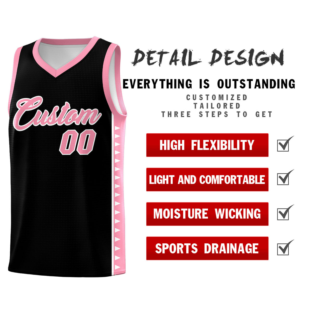 Custom Black Light Pink Basketball Kits With Side Zigzag Pattern