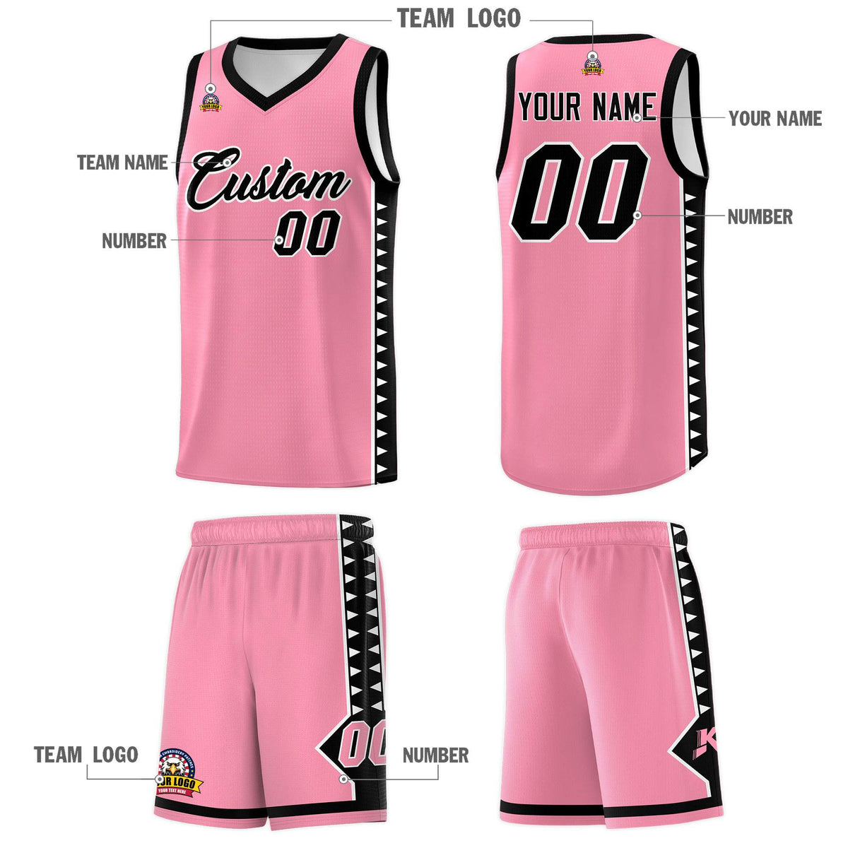 Custom Light Pink Black Basketball Kits With Side Zigzag Pattern