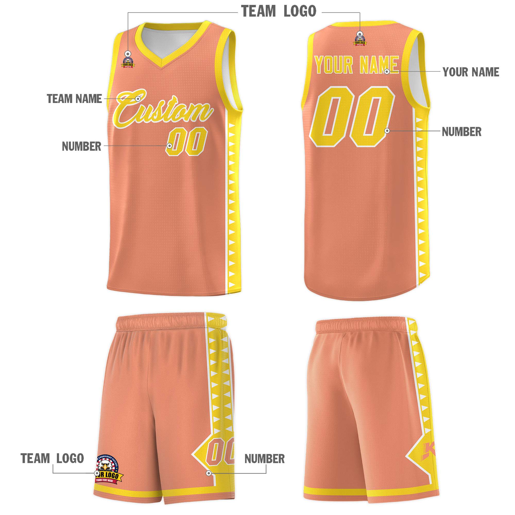 Custom Light Orange Gold Basketball Kits With Side Zigzag Pattern