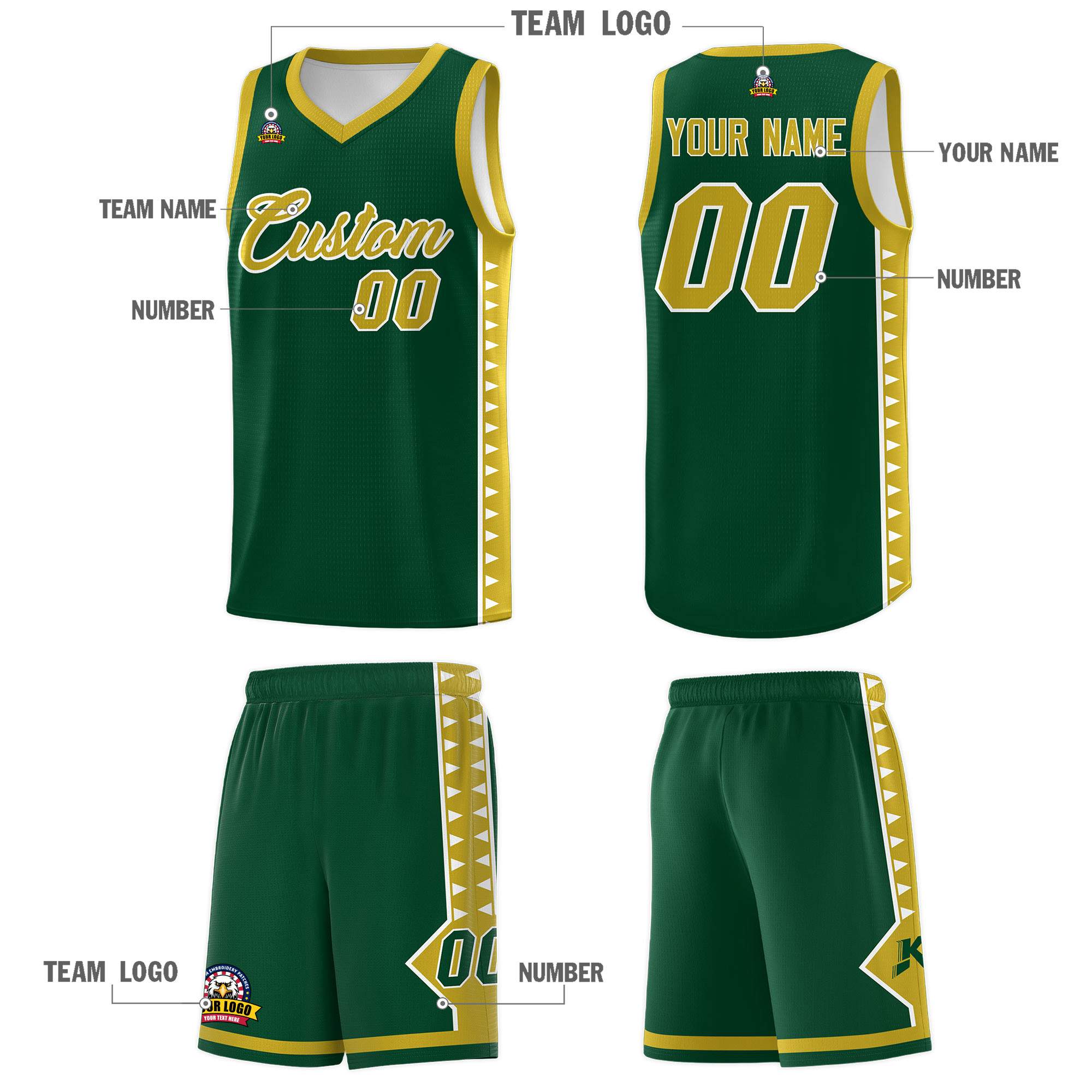 Custom Green Old Gold Basketball Kits With Side Zigzag Pattern