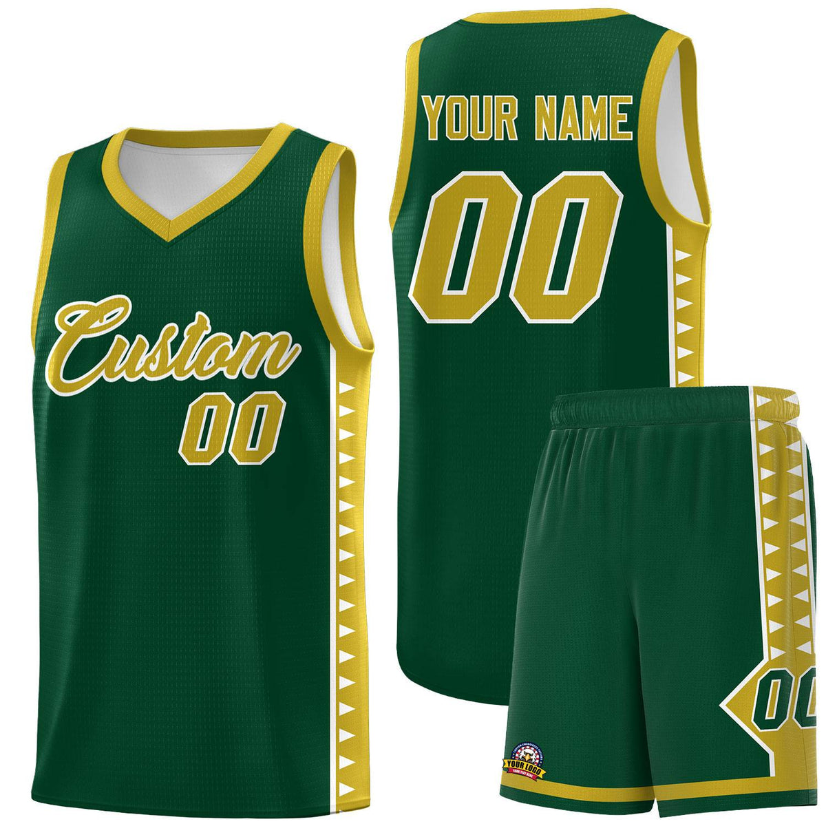 Custom Green Old Gold Basketball Kits With Side Zigzag Pattern