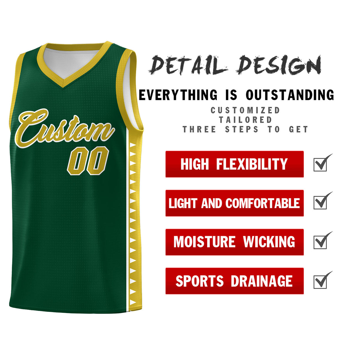 Custom Green Old Gold Basketball Kits With Side Zigzag Pattern