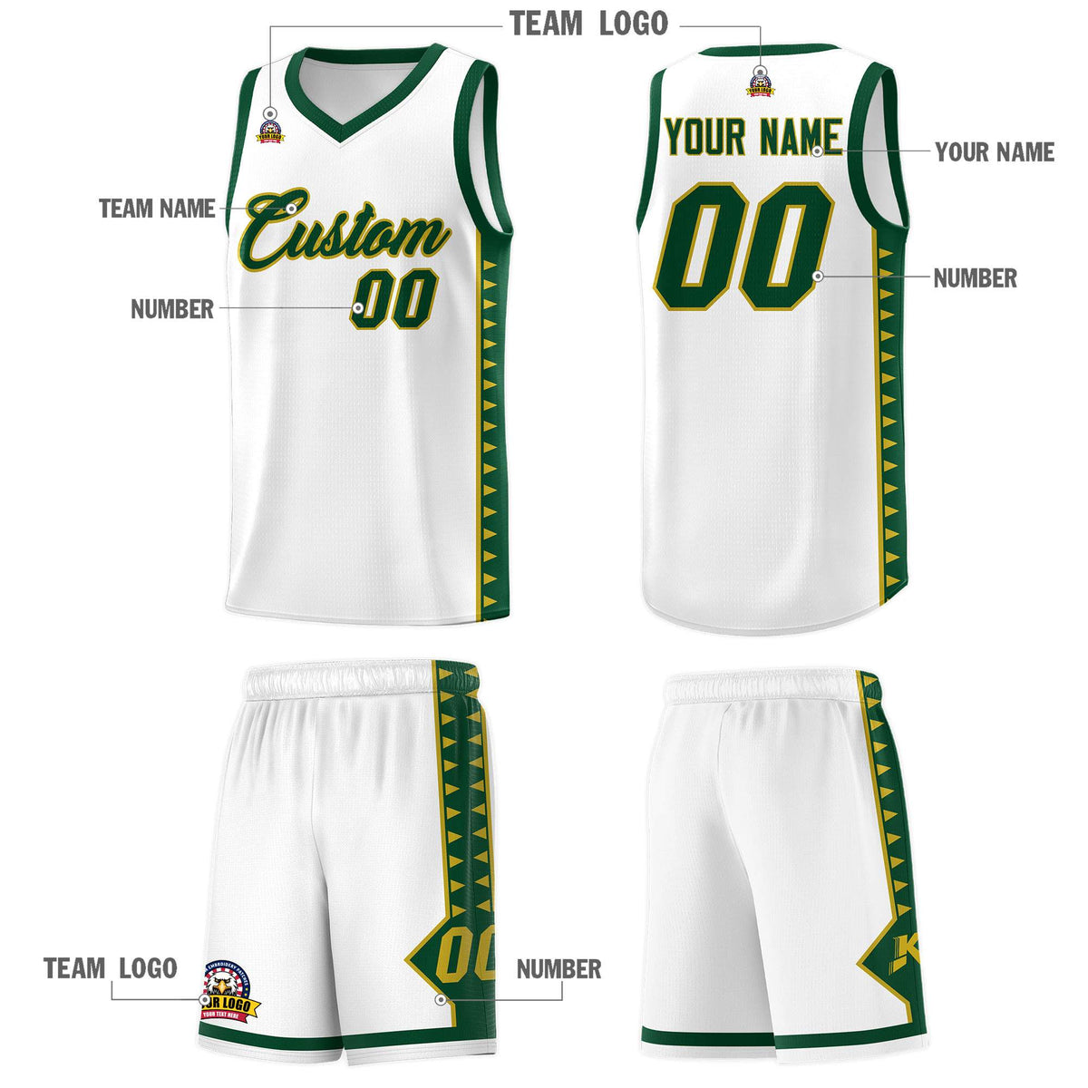 Custom White Green Basketball Kits With Side Zigzag Pattern