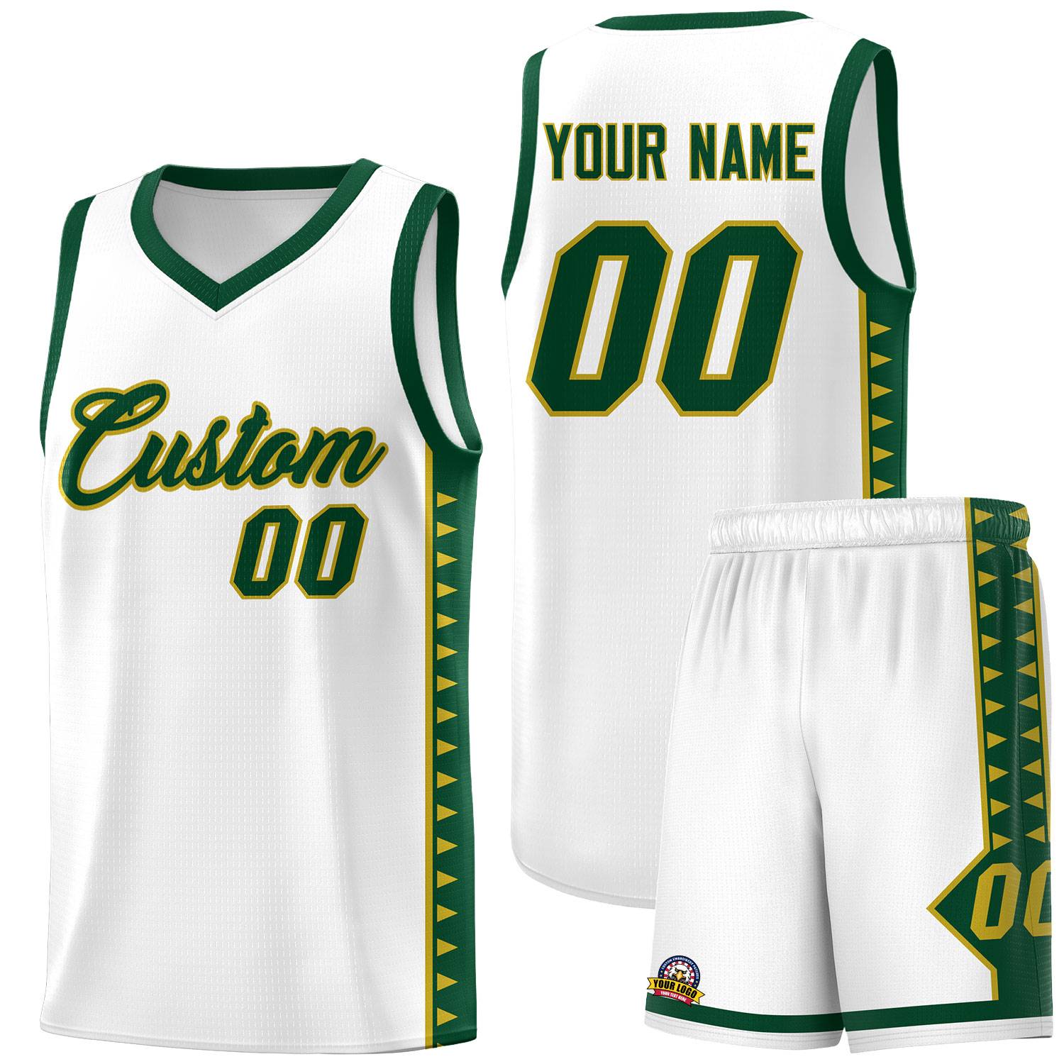 Custom White Green Basketball Kits With Side Zigzag Pattern