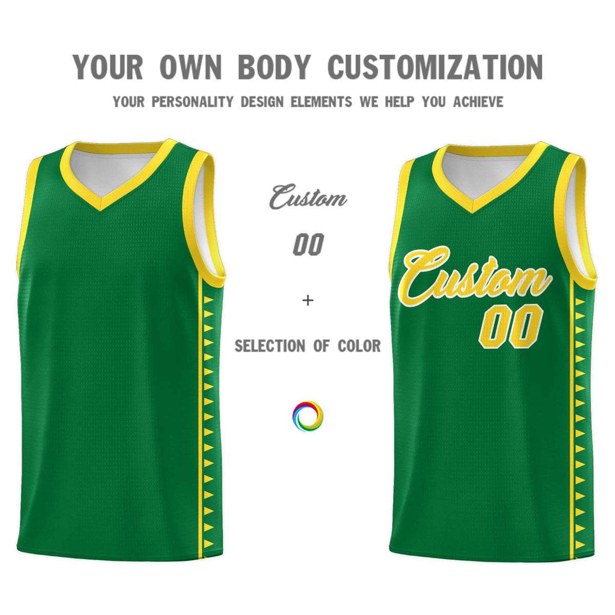 Custom Kelly Green Gold Basketball Kits With Side Zigzag Pattern