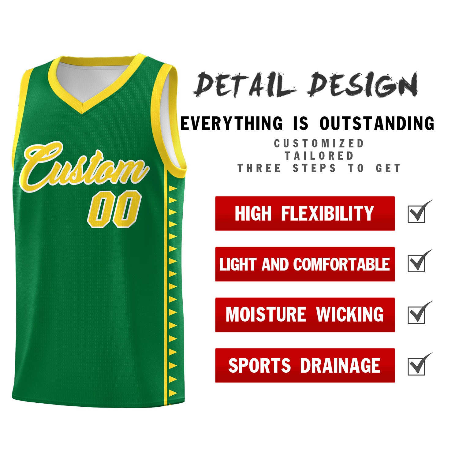 Custom Kelly Green Gold Basketball Kits With Side Zigzag Pattern