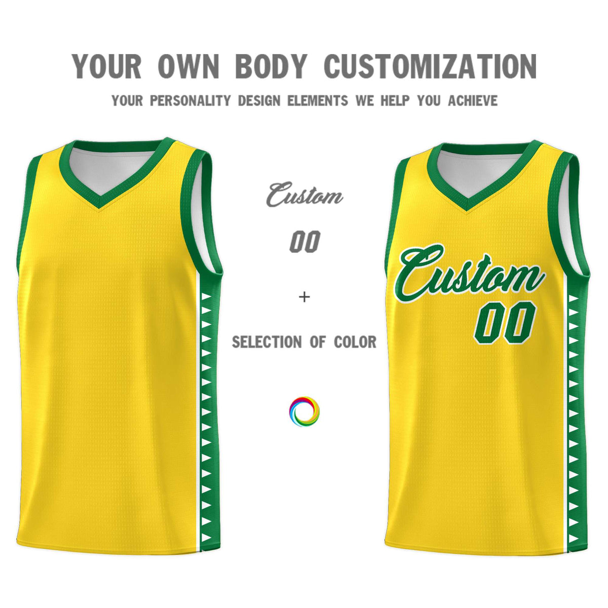 Custom Gold Kelly Green Basketball Kits With Side Zigzag Pattern