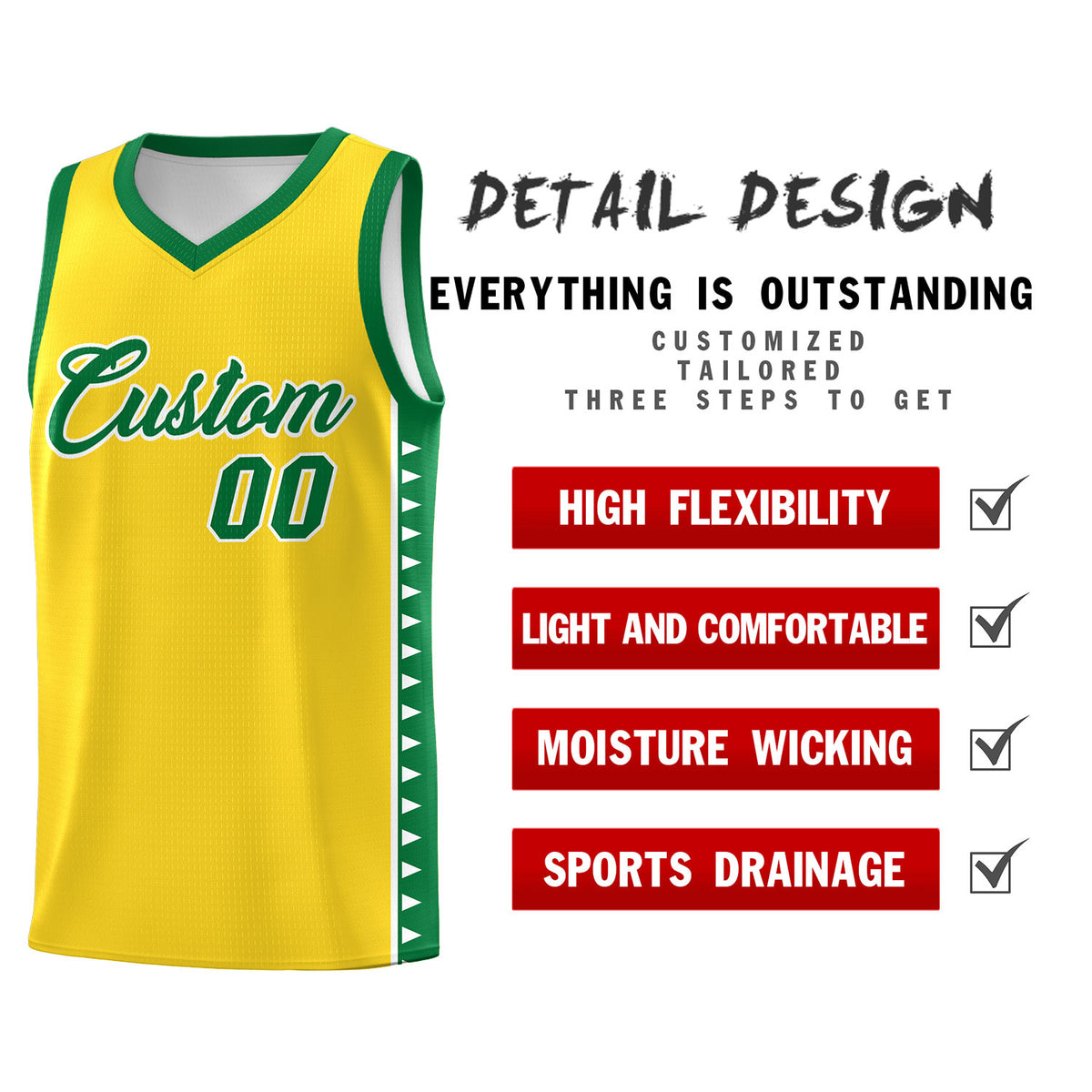 Custom Gold Kelly Green Basketball Kits With Side Zigzag Pattern
