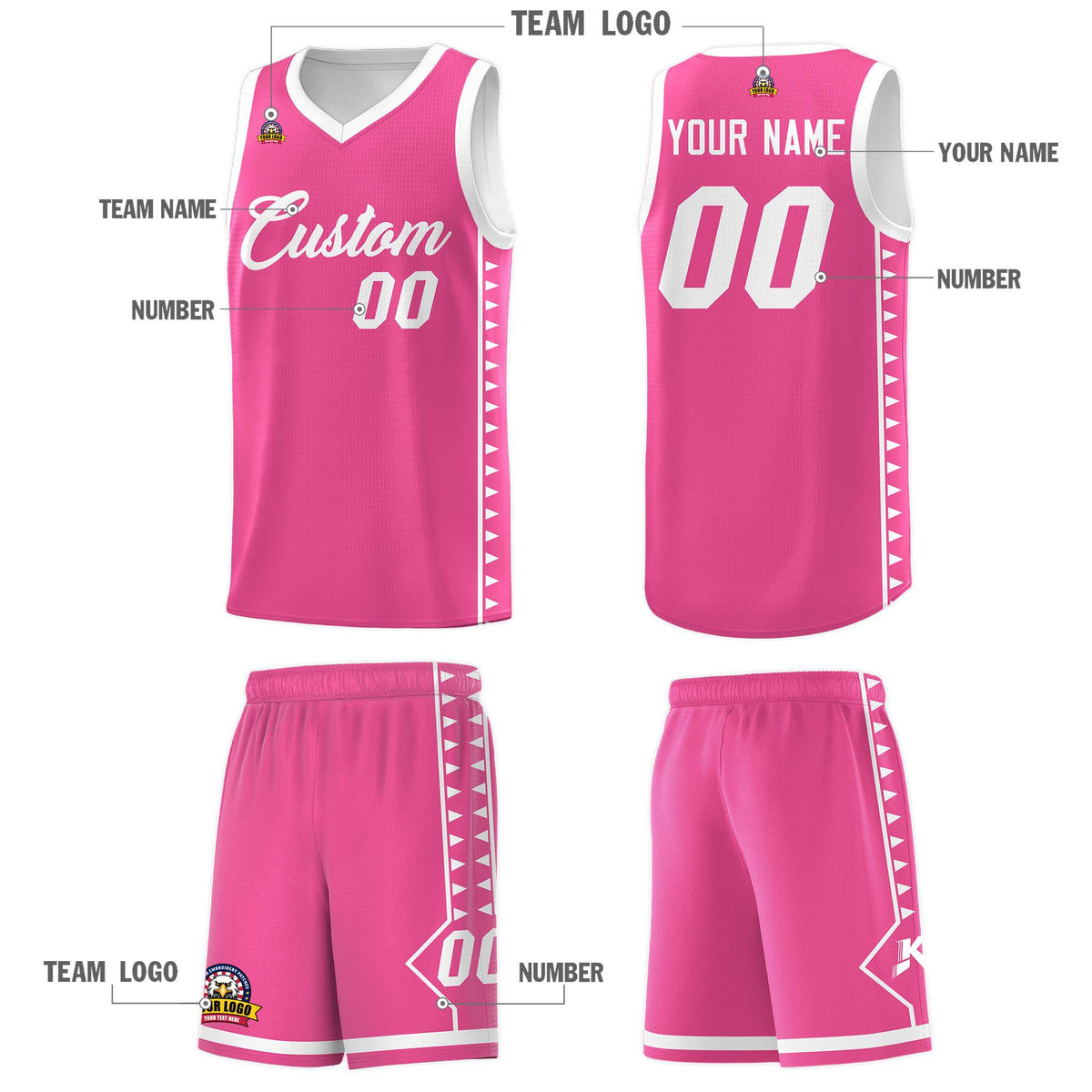 Custom Pink White Basketball Kits With Side Zigzag Pattern