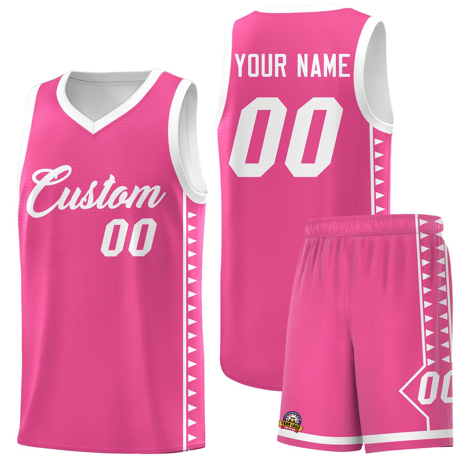 Custom Pink White Basketball Kits With Side Zigzag Pattern