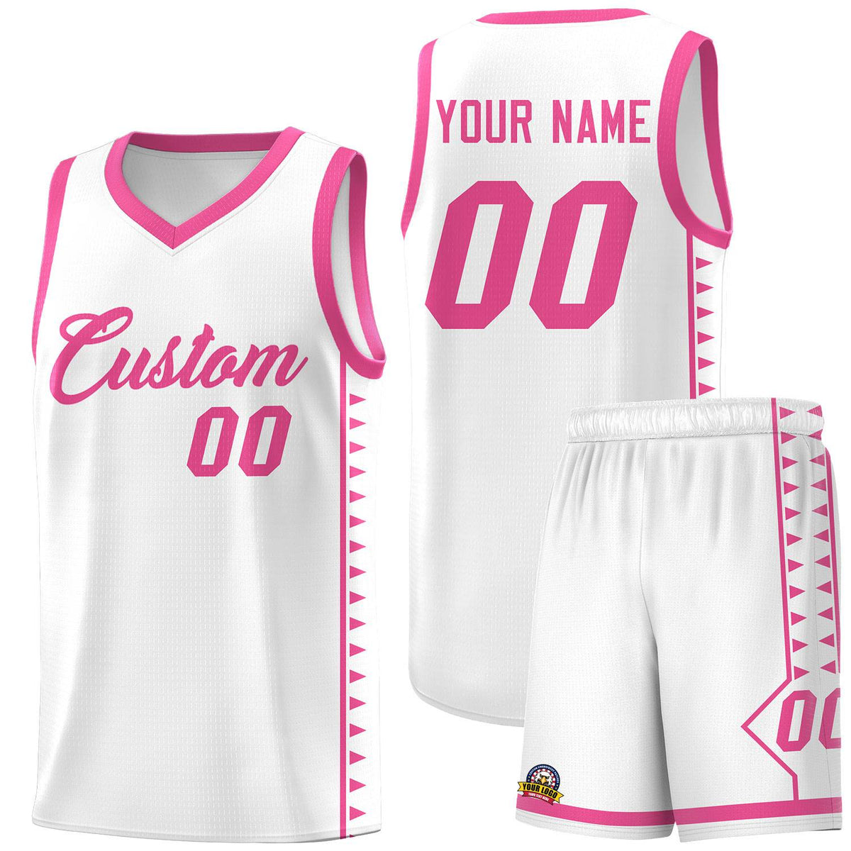 Custom White Pink Basketball Kits With Side Zigzag Pattern