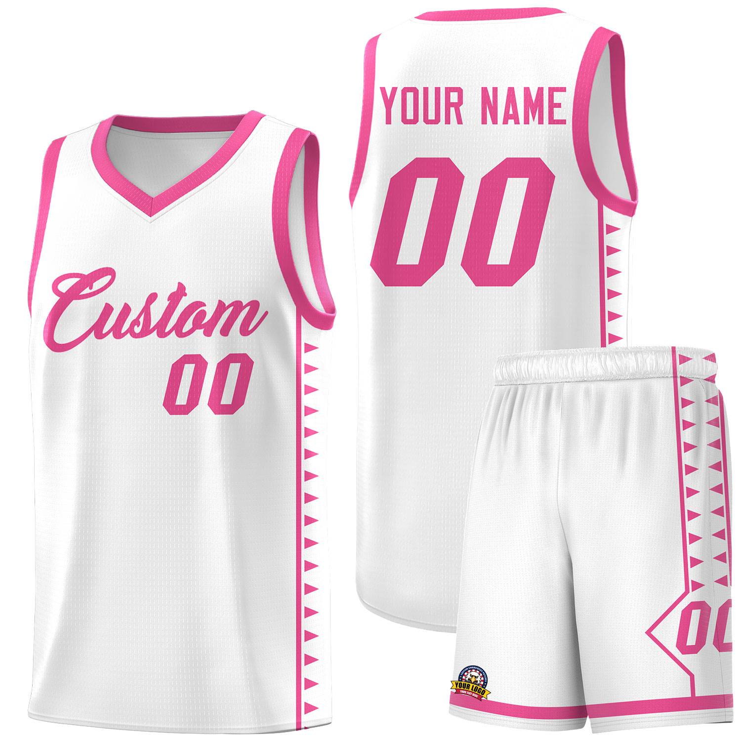 Custom White Pink Basketball Kits With Side Zigzag Pattern