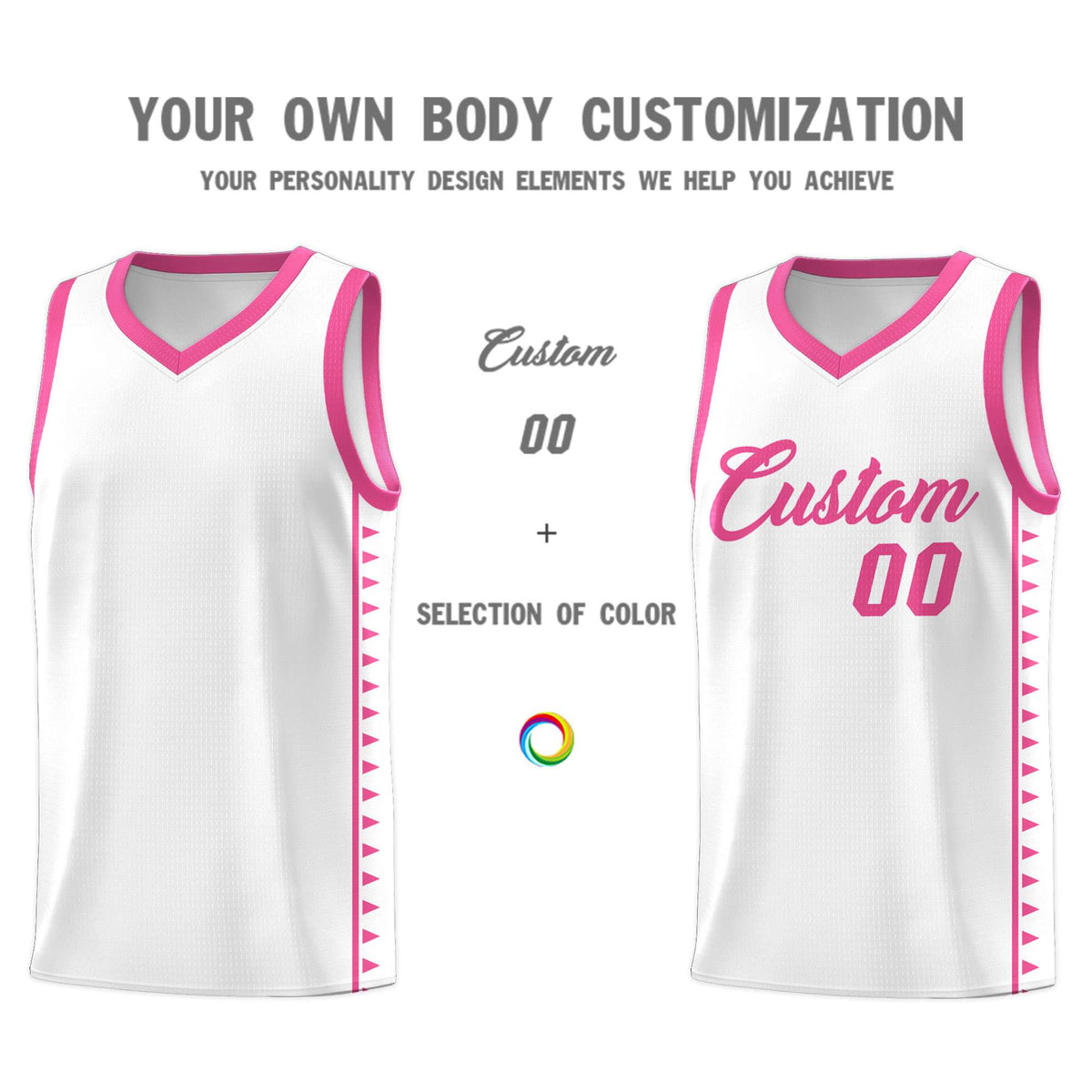 Custom White Pink Basketball Kits With Side Zigzag Pattern