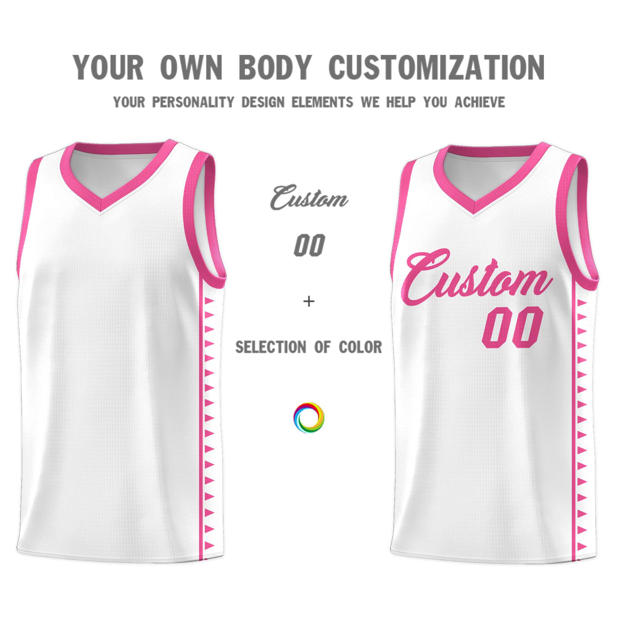 Custom White Pink Basketball Kits With Side Zigzag Pattern