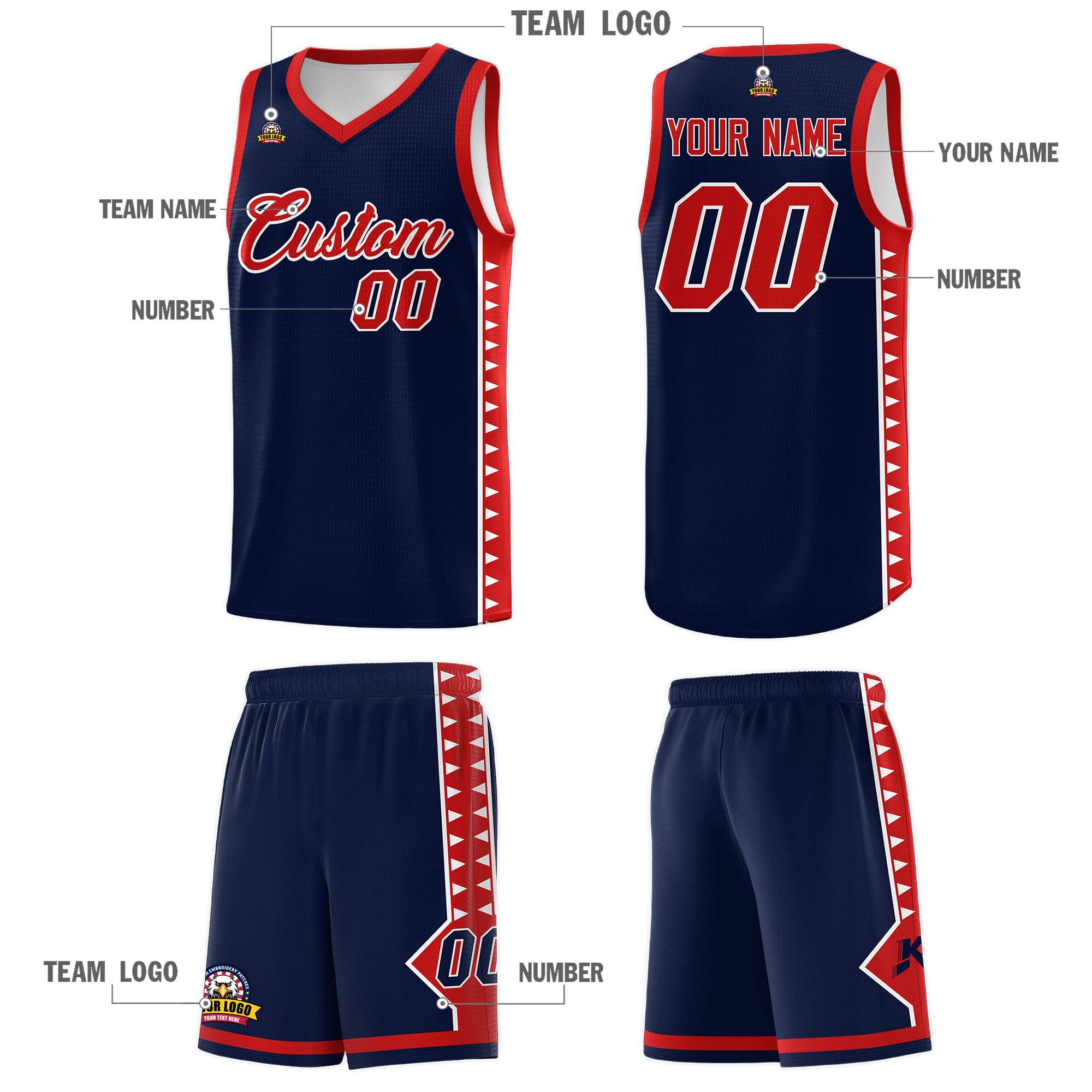 Custom Navy Red Basketball Kits With Side Zigzag Pattern
