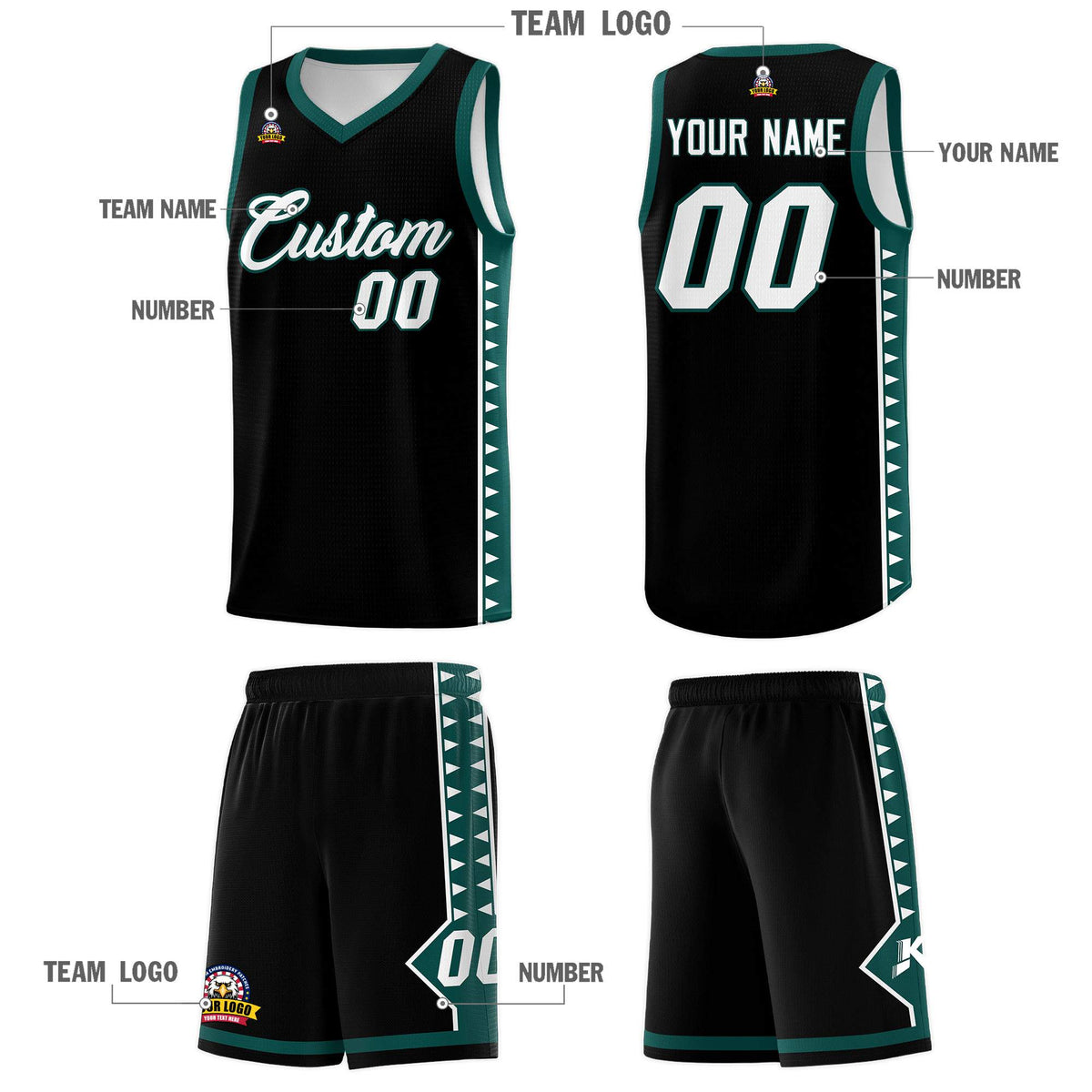 Custom Black Midnight Green Basketball Kits With Side Zigzag Pattern