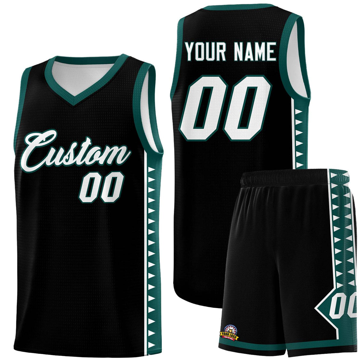 Custom Black Midnight Green Basketball Kits With Side Zigzag Pattern