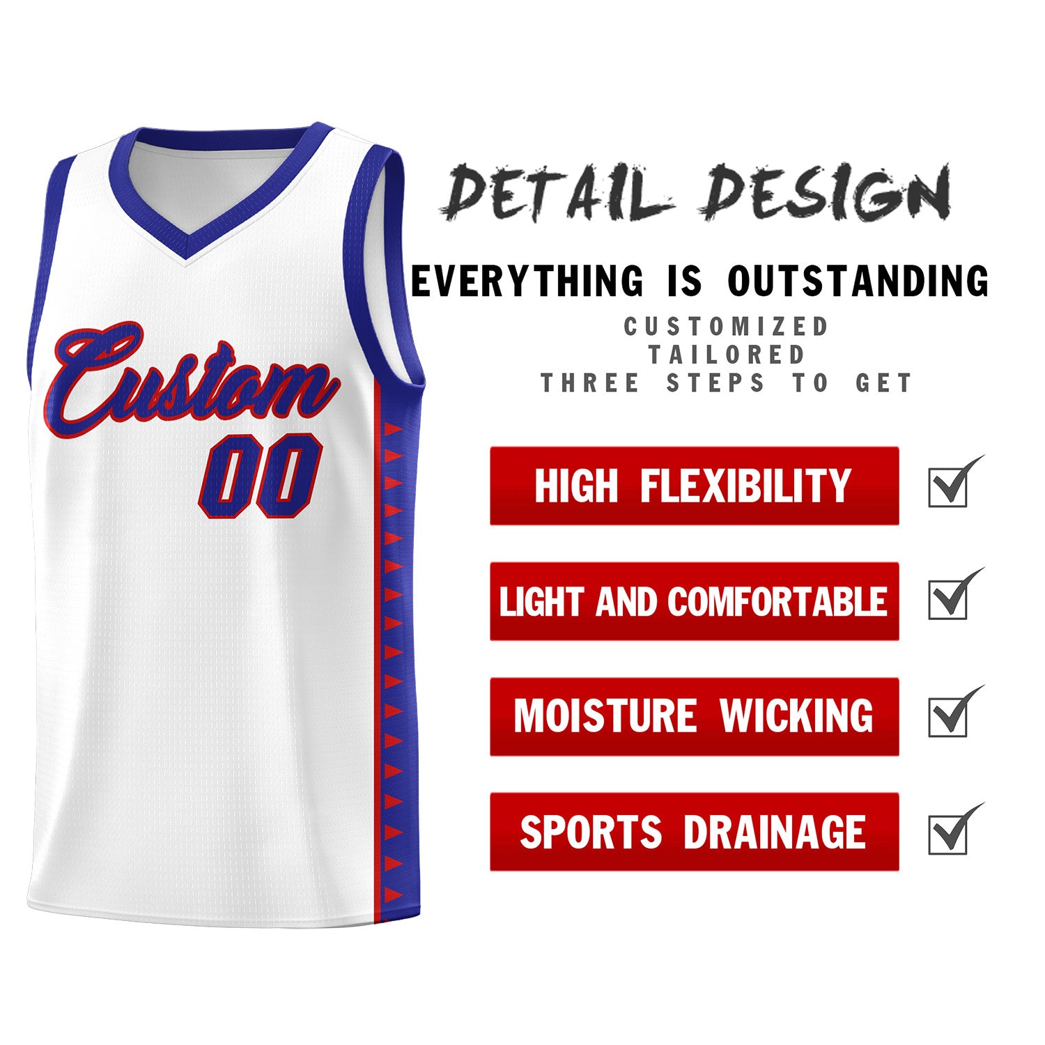 Custom White Royal Basketball Kits With Side Zigzag Pattern