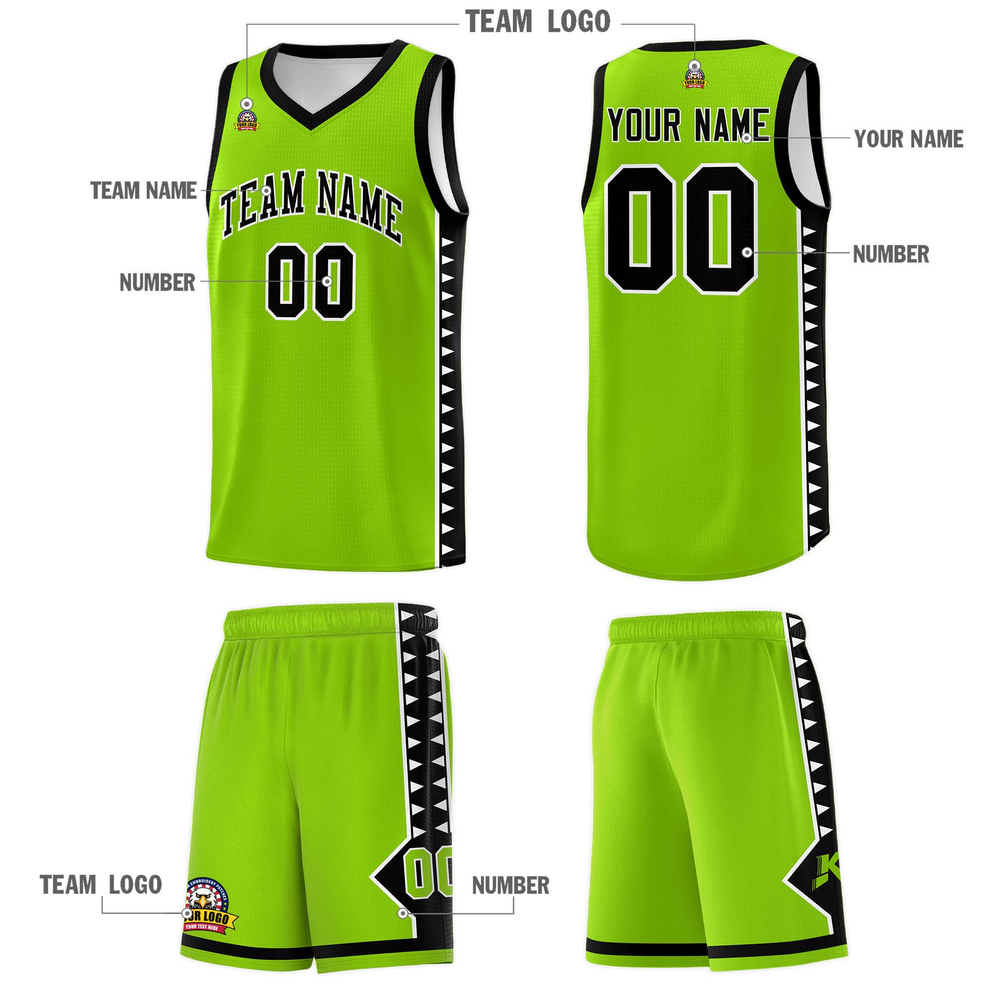 Custom Neon Green Black Basketball Kits With Side Zigzag Pattern