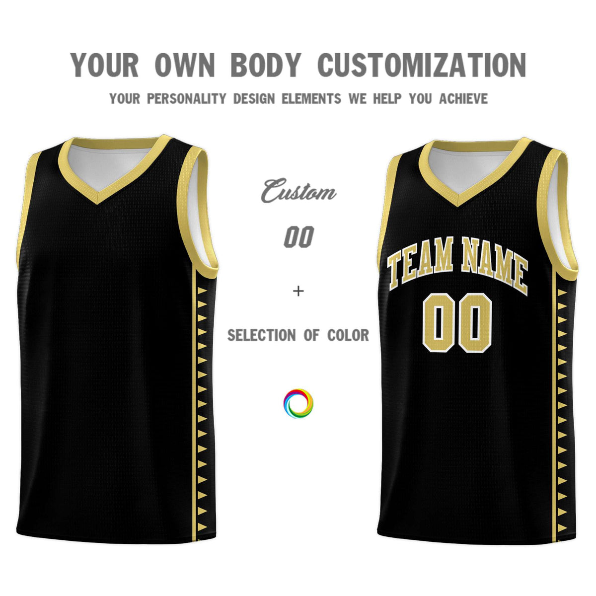 Custom Black Old Gold Basketball Kits With Side Zigzag Pattern