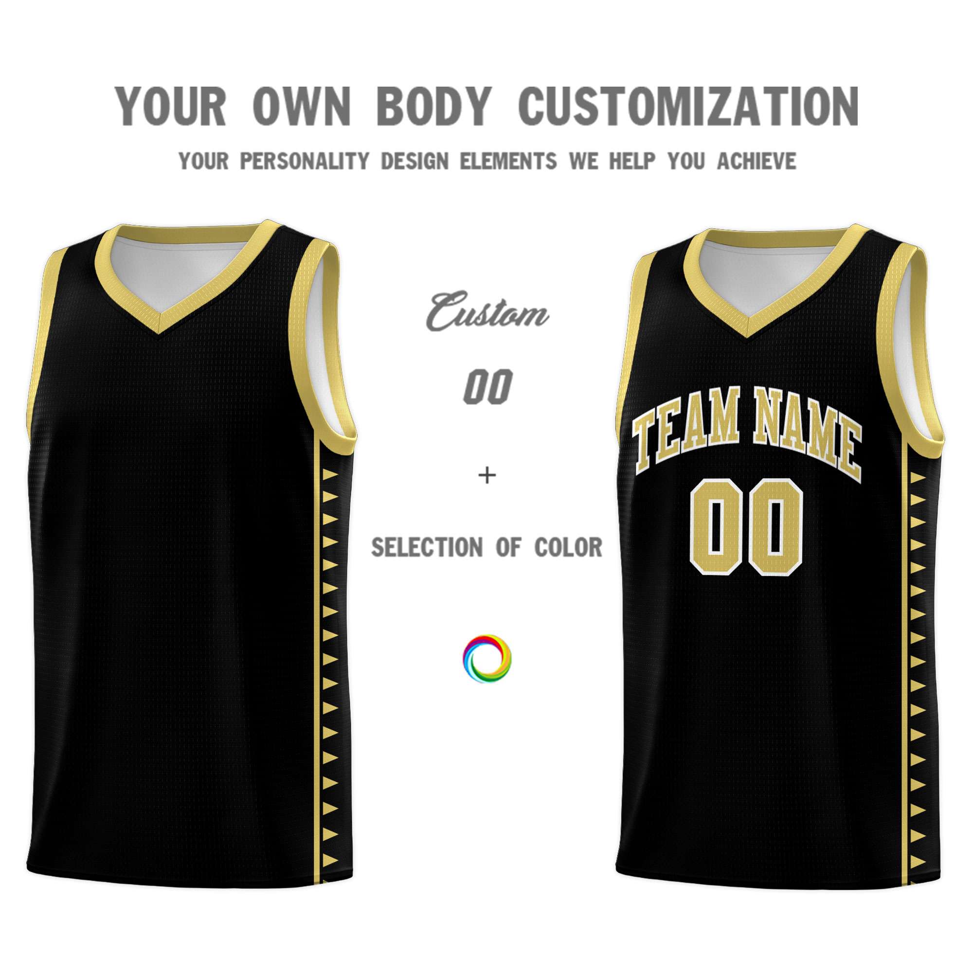 Custom Black Old Gold Basketball Kits With Side Zigzag Pattern