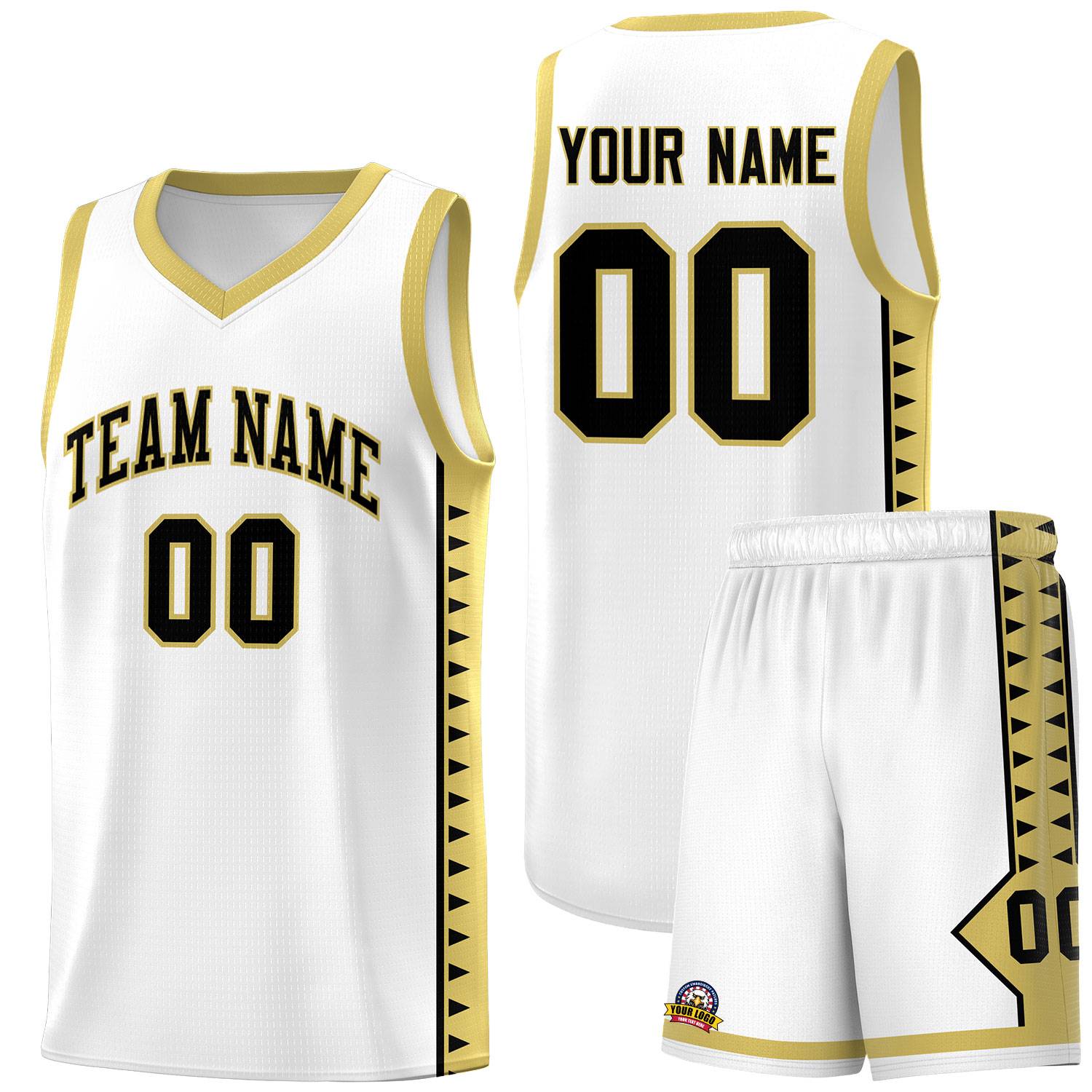 Custom White Old Gold Basketball Kits With Side Zigzag Pattern