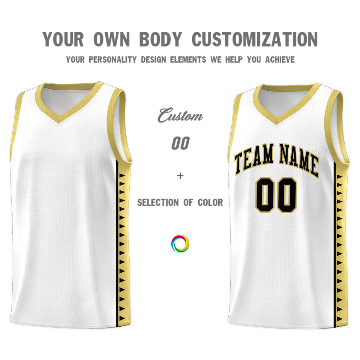 Custom White Old Gold Basketball Kits With Side Zigzag Pattern