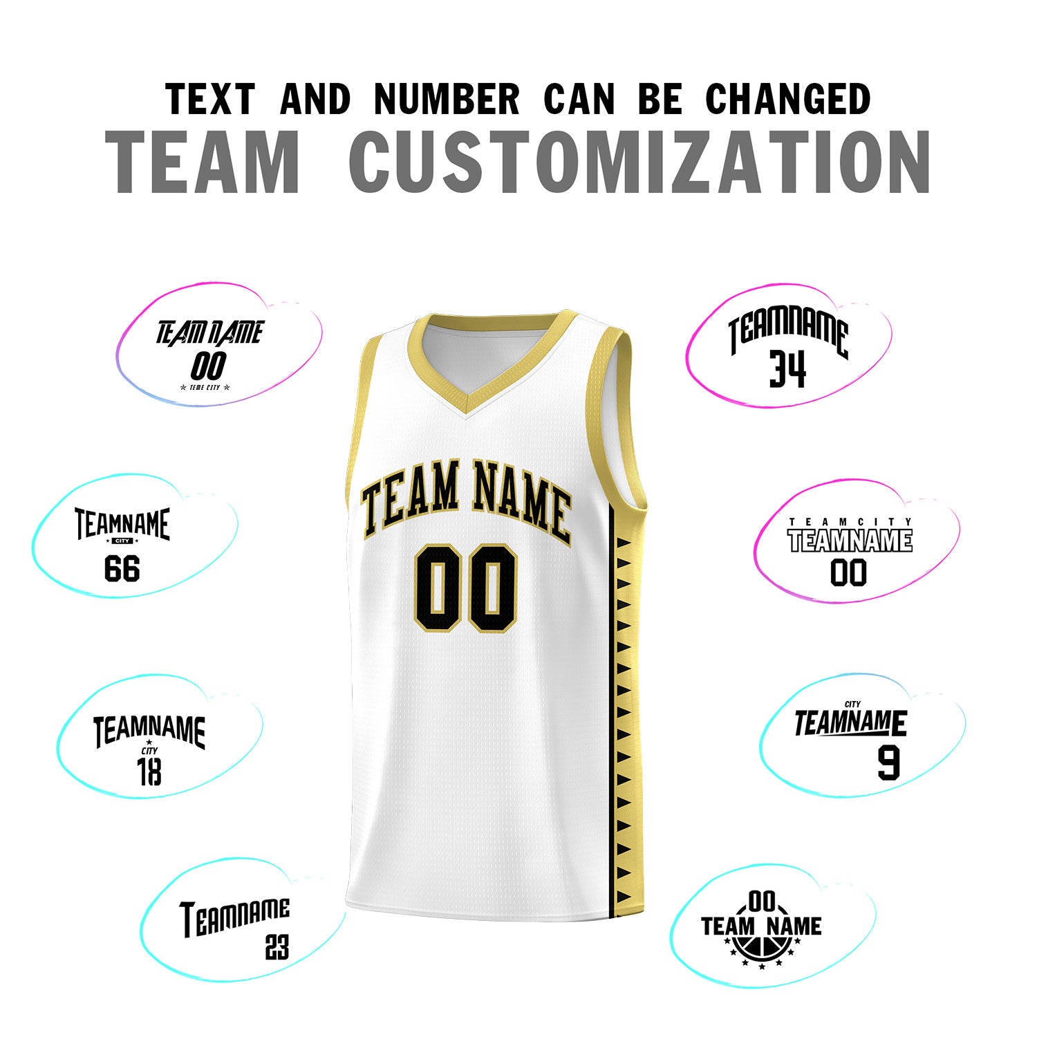 Custom White Old Gold Basketball Kits With Side Zigzag Pattern