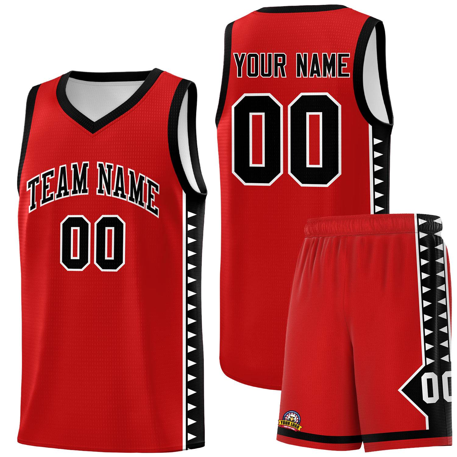 Custom Red Black Basketball Kits With Side Zigzag Pattern