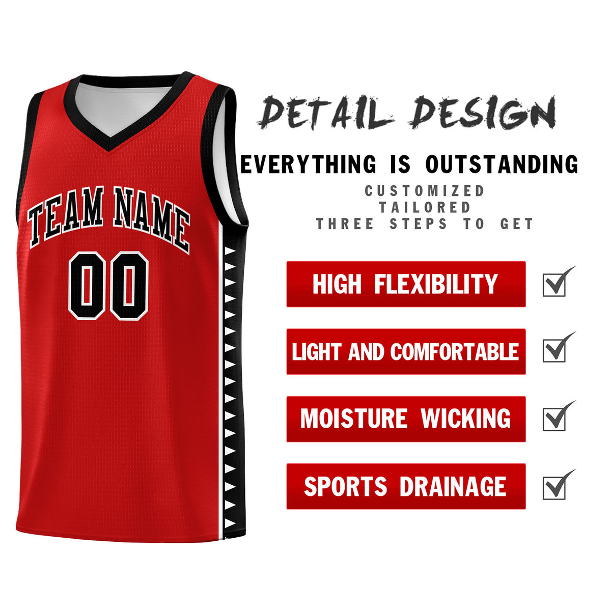 Custom Red Black Basketball Kits With Side Zigzag Pattern