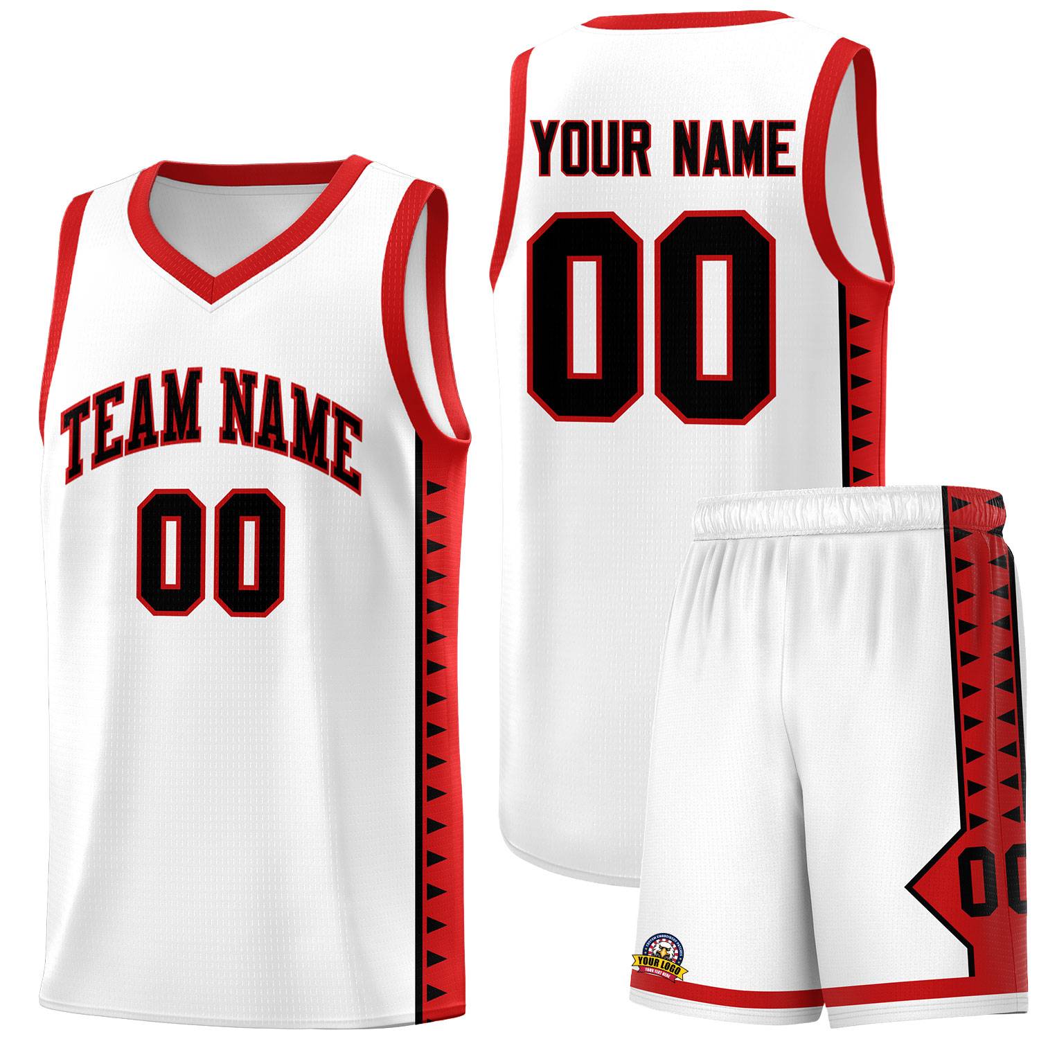 Custom White Red Basketball Kits With Side Zigzag Pattern