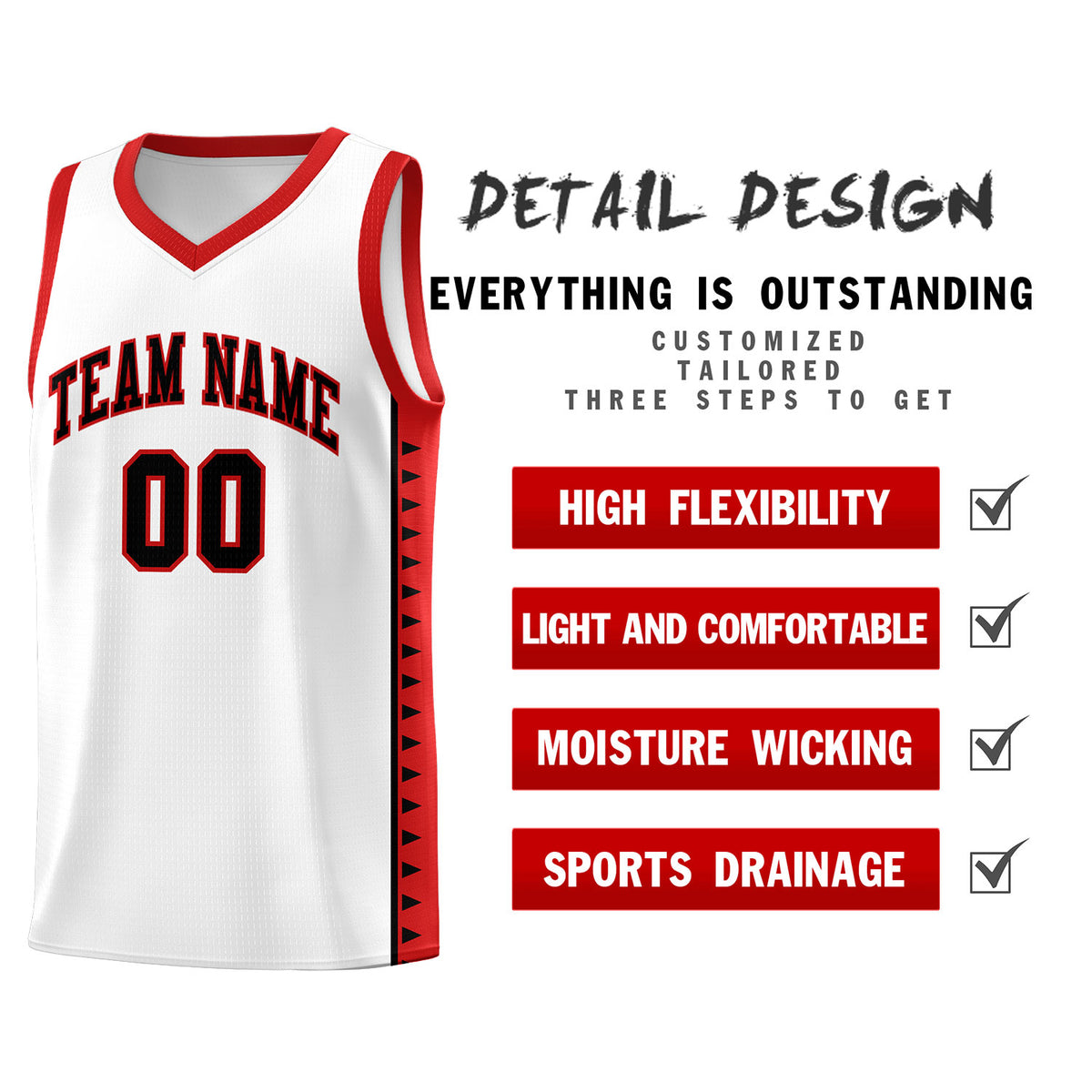 Custom White Red Basketball Kits With Side Zigzag Pattern