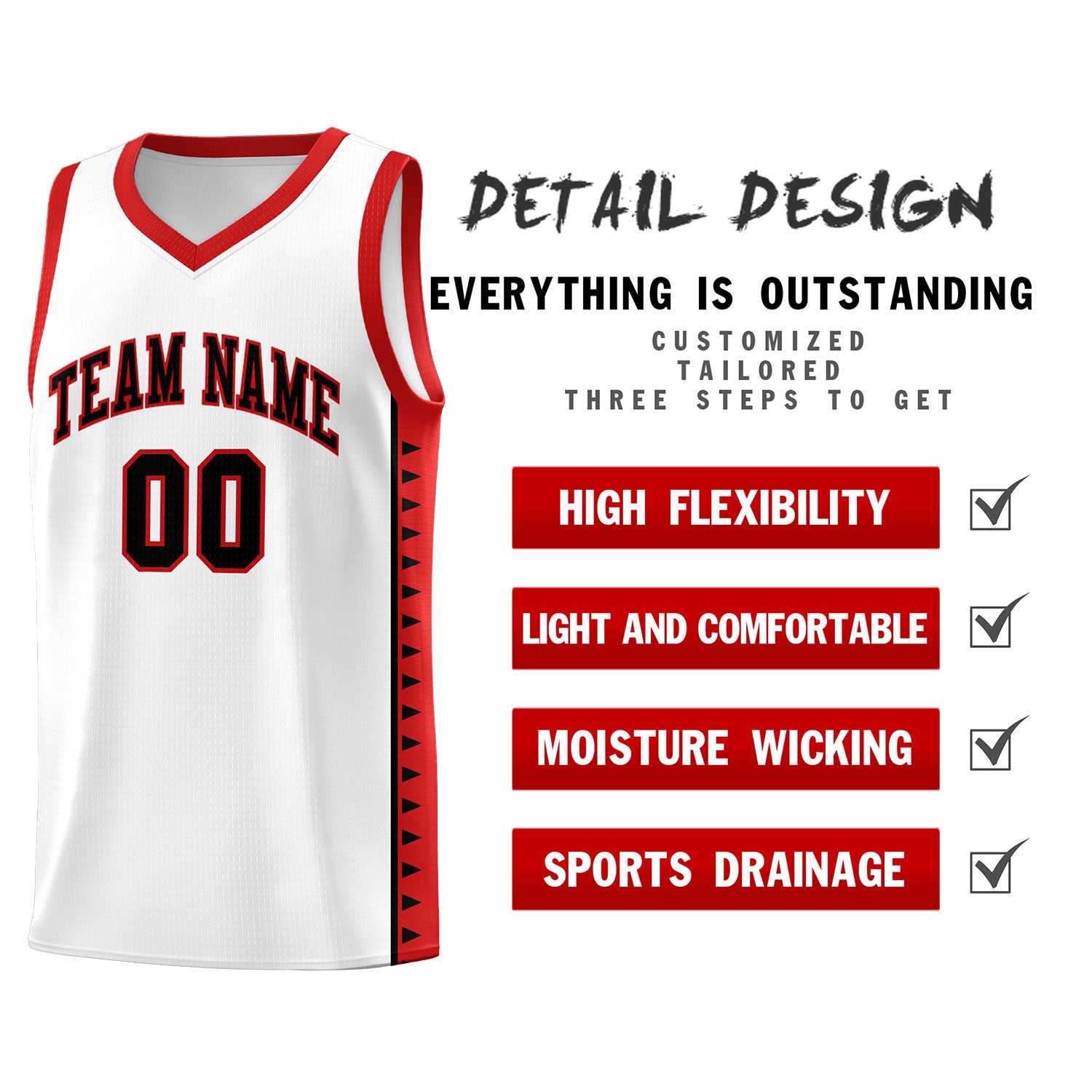 Custom White Red Basketball Kits With Side Zigzag Pattern
