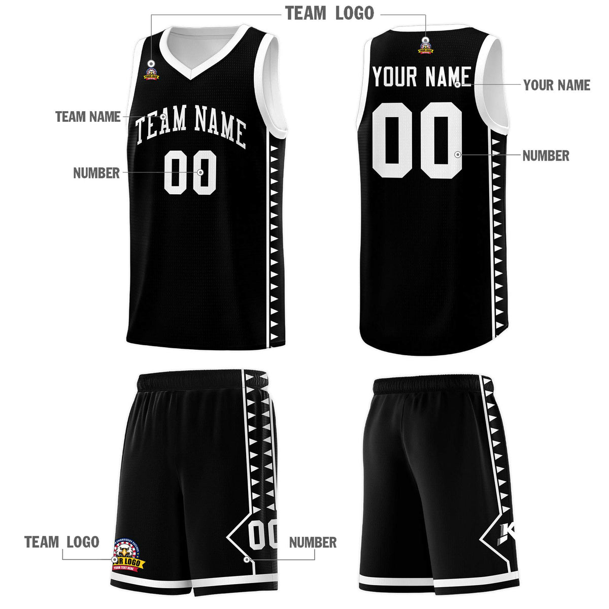 Custom Black White Basketball Kits With Side Zigzag Pattern