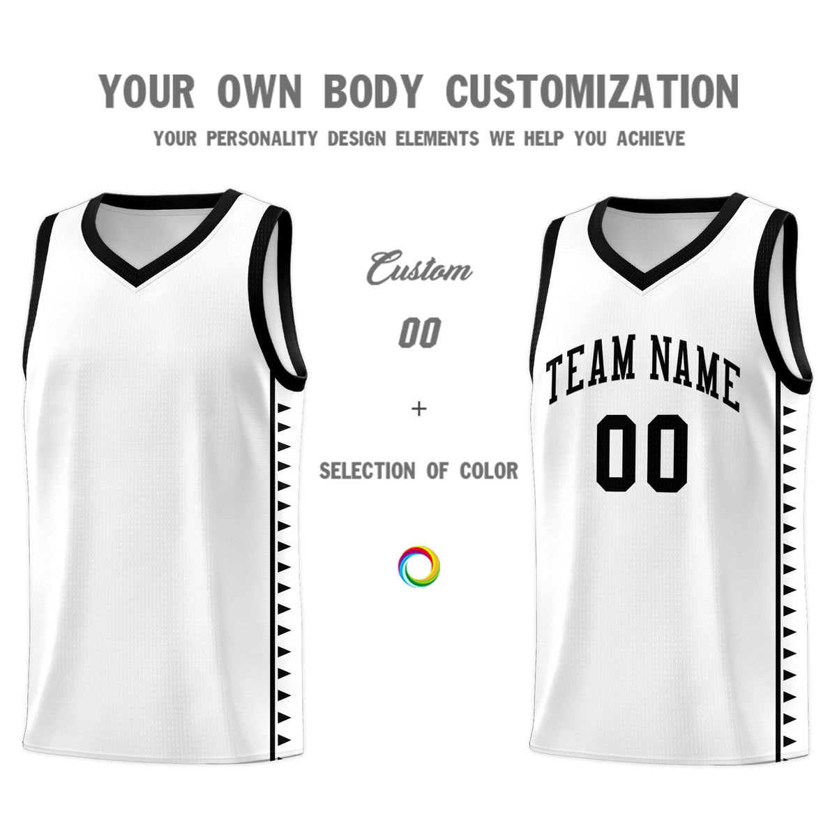 Custom White Black Basketball Kits With Side Zigzag Pattern