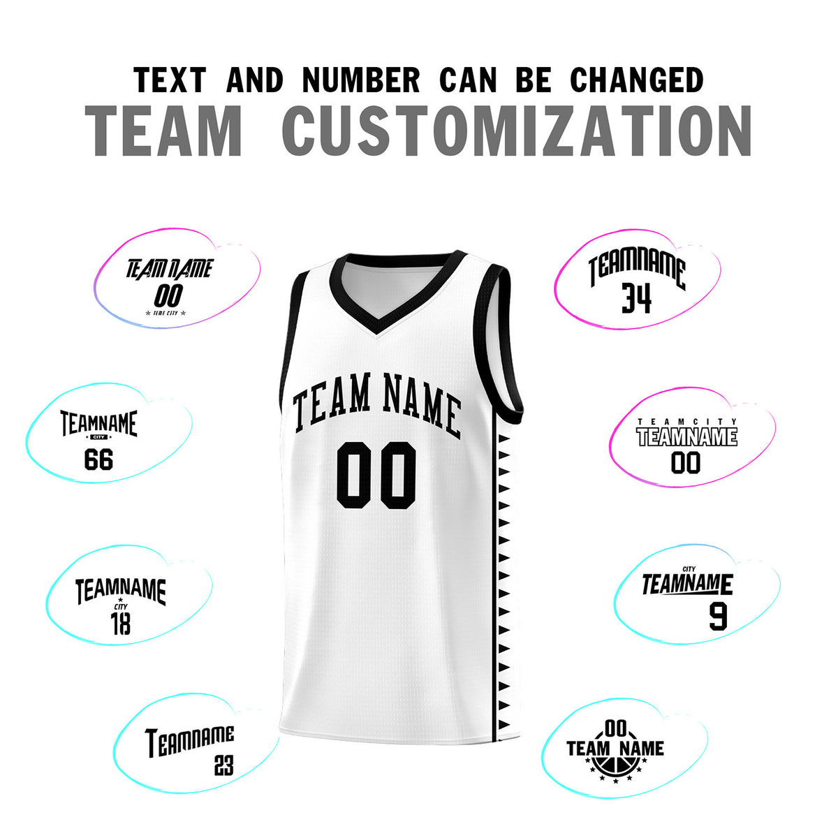 Custom White Black Basketball Kits With Side Zigzag Pattern