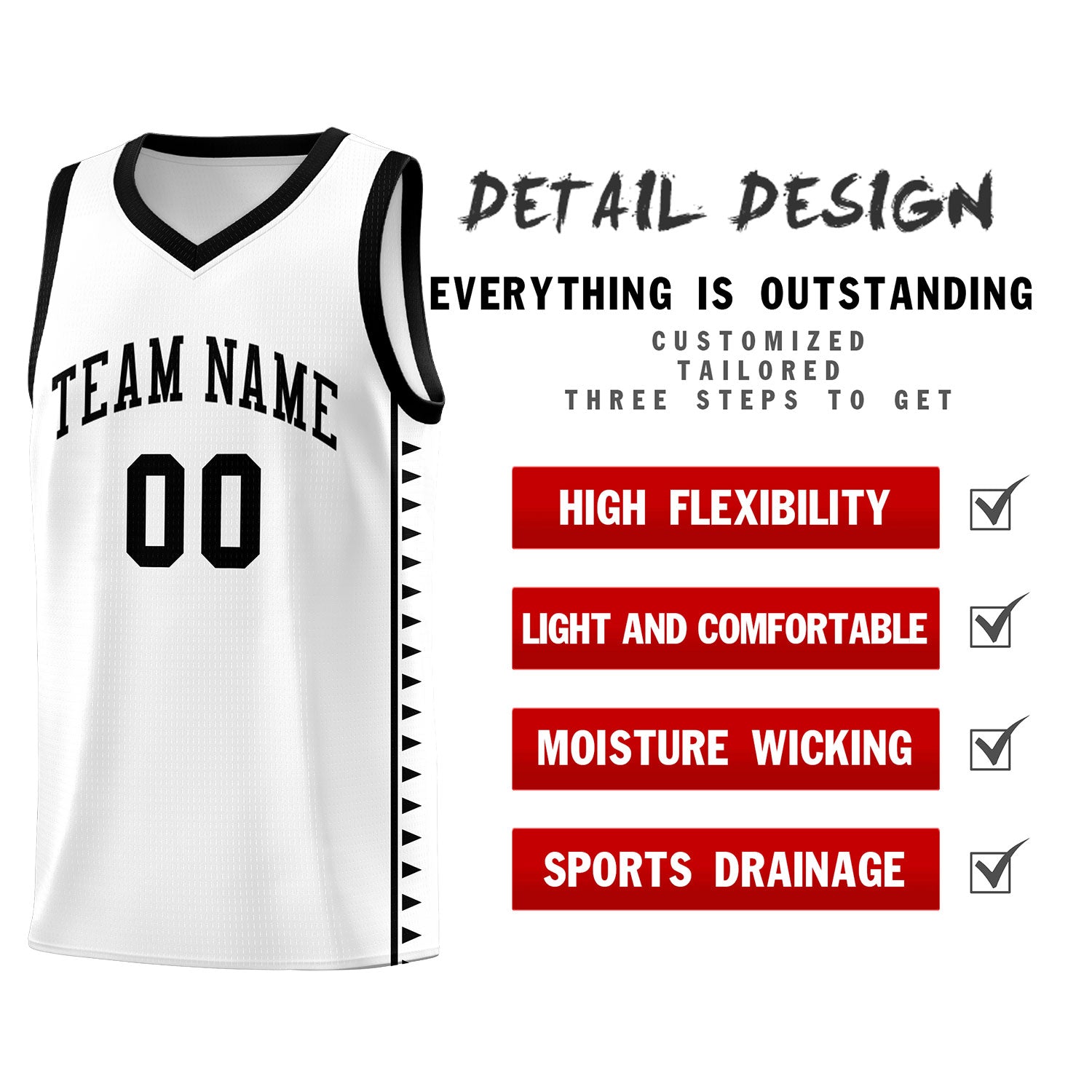 Custom White Black Basketball Kits With Side Zigzag Pattern